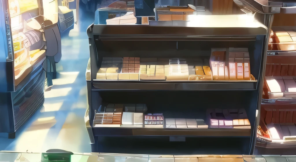 interior of a grocery store a desk in front of a table full of snack