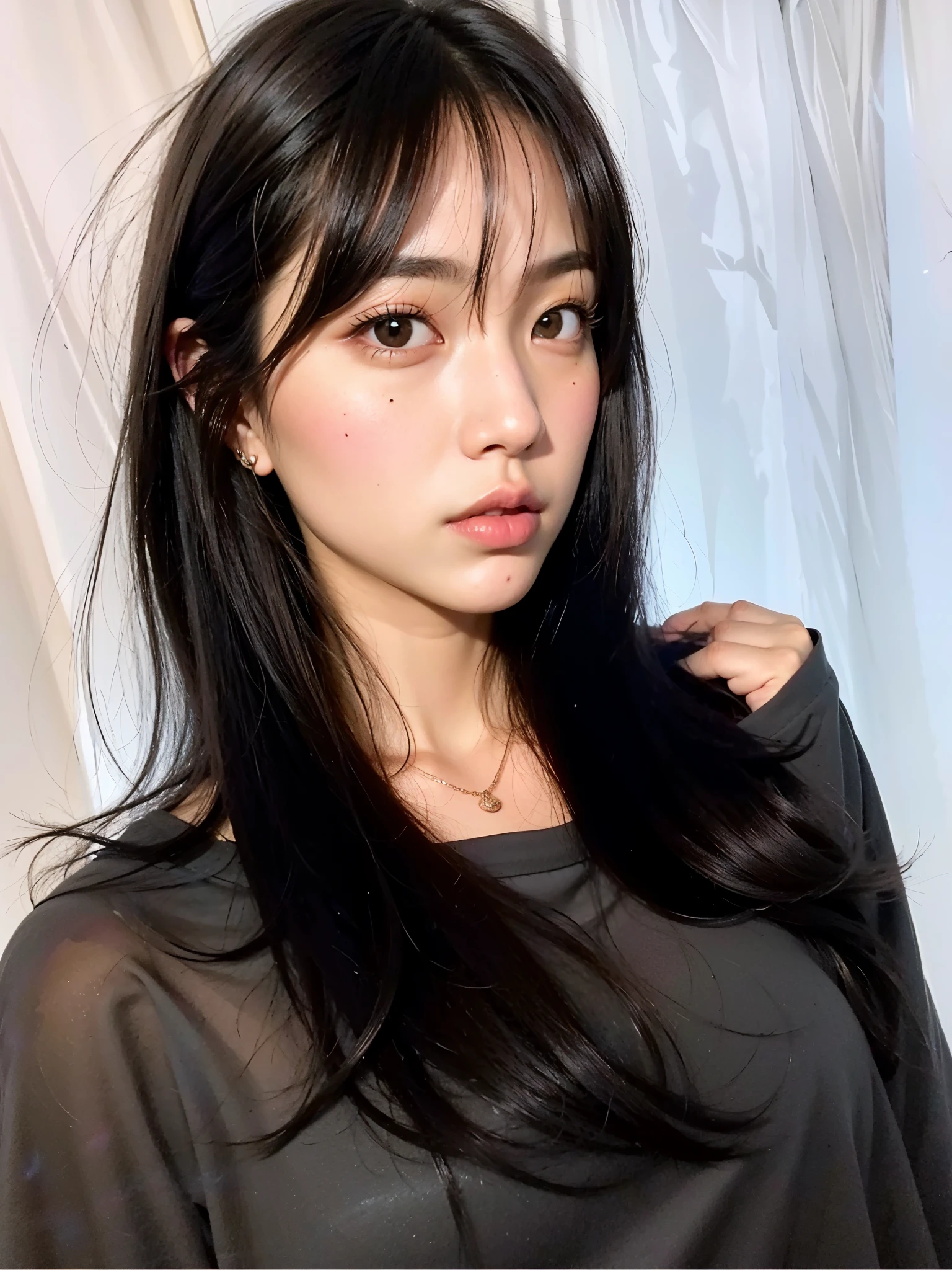 Melhor qualidade, 8K, um close de uma mulher com cabelos longos e uma camisa cinza, Ulzzang, she has black hair Com franja, Com franja, franja longa e reta,  coreana, Sakimichan, Jinyoung Shin, Linda jovem coreana, long dark hair Com franja, Linda jovem coreana, neat hair Com franja, linda mulher sul-coreana, Retrato de Jossi do Blackpink