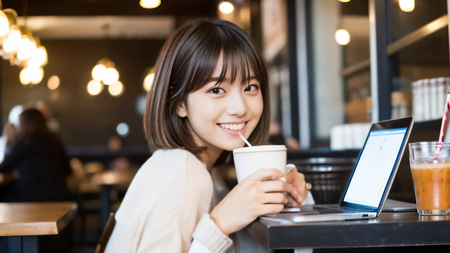 ((最high quality, 8k, masterpiece: 1.3)), perfect face,Inside a bright and lively cafe in New York、A scene in which a beautiful model-like woman is drinking a latte and studying on a laptop.,All around you, you can see other customers enjoying their time.。At the back of the cafe、The staff are busy working at the counter.、You can feel the liveliness and warmth typical of urban cafes., sharp focus, 1 girl, slim beauty: 1.2, brown hair, With bangs, (layered short hair), (big: 1.5), fine eyes, Beautiful eyes with long slits, double eyelid, (cat face), (cute Face), cute Smile, (close your mouth), (cute), soft skin, Show the whole body, surreal, super detailed, high quality, (Beautiful female college student with short hair studying in a cafe), ((詳細な非常にcute女子大生), ((big胸 It can be seen even through clothes))