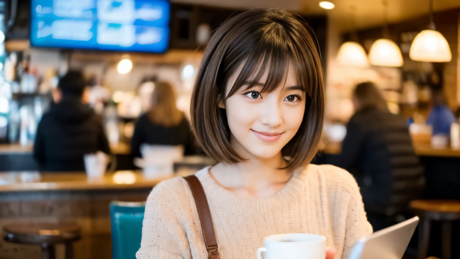 ((最high quality, 8k, masterpiece: 1.3)), perfect face,Inside a bright and lively cafe in New York、A scene in which a beautiful model-like woman is drinking a latte and studying on a laptop.,All around you, you can see other customers enjoying their time.。At the back of the cafe、The staff are busy working at the counter.、You can feel the liveliness and warmth typical of urban cafes., sharp focus, 1 girl, slim beauty: 1.2, brown hair, With bangs, (layered short hair), (big: 1.5), fine eyes, Beautiful eyes with long slits, double eyelid, (cat face), (cute Face), cute Smile, (close your mouth), (cute), soft skin, Show the whole body, surreal, super detailed, high quality, (Beautiful female college student with short hair studying in a cafe), ((詳細な非常にcute女子大生), ((big胸 It can be seen even through clothes))