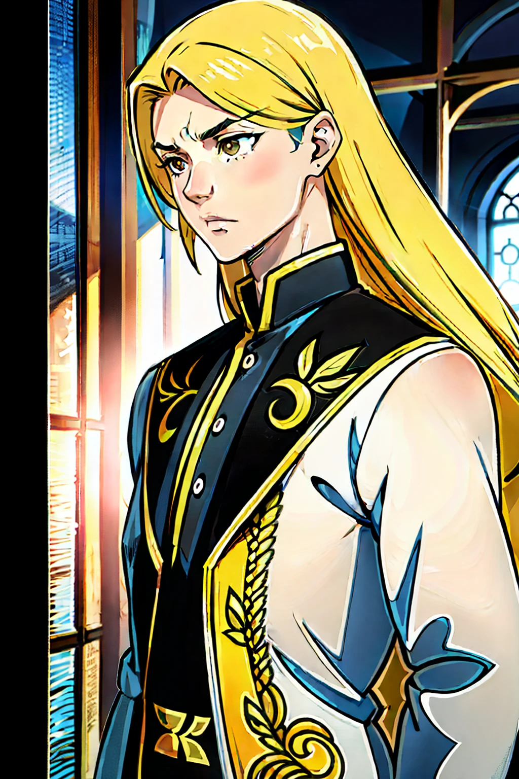A age boy, with flowing yellow hair, light black eyes, a cold personality, and beautiful embroidered clothes