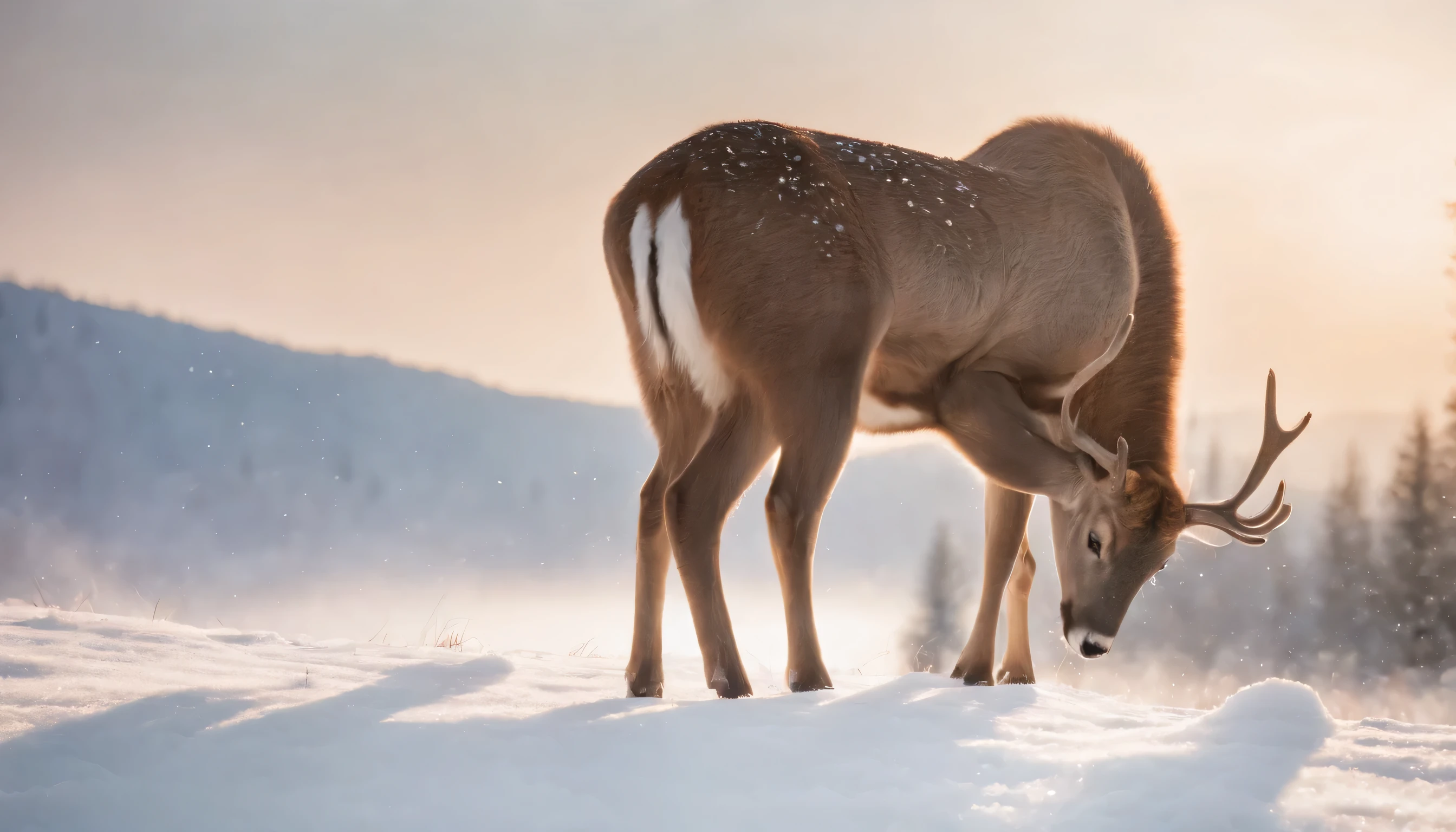 (Highly detailed CG Unity 8k wallpaper、masterpiece、highest quality、Super detailed)、(best lighting、best shadow、very delicate and beautiful)、highest quality、8k、Detailed facial depiction、masterpiece、highest quality、clear image quality、
Photos of deer and wild animals seen from a train running through a snowy landscape。
