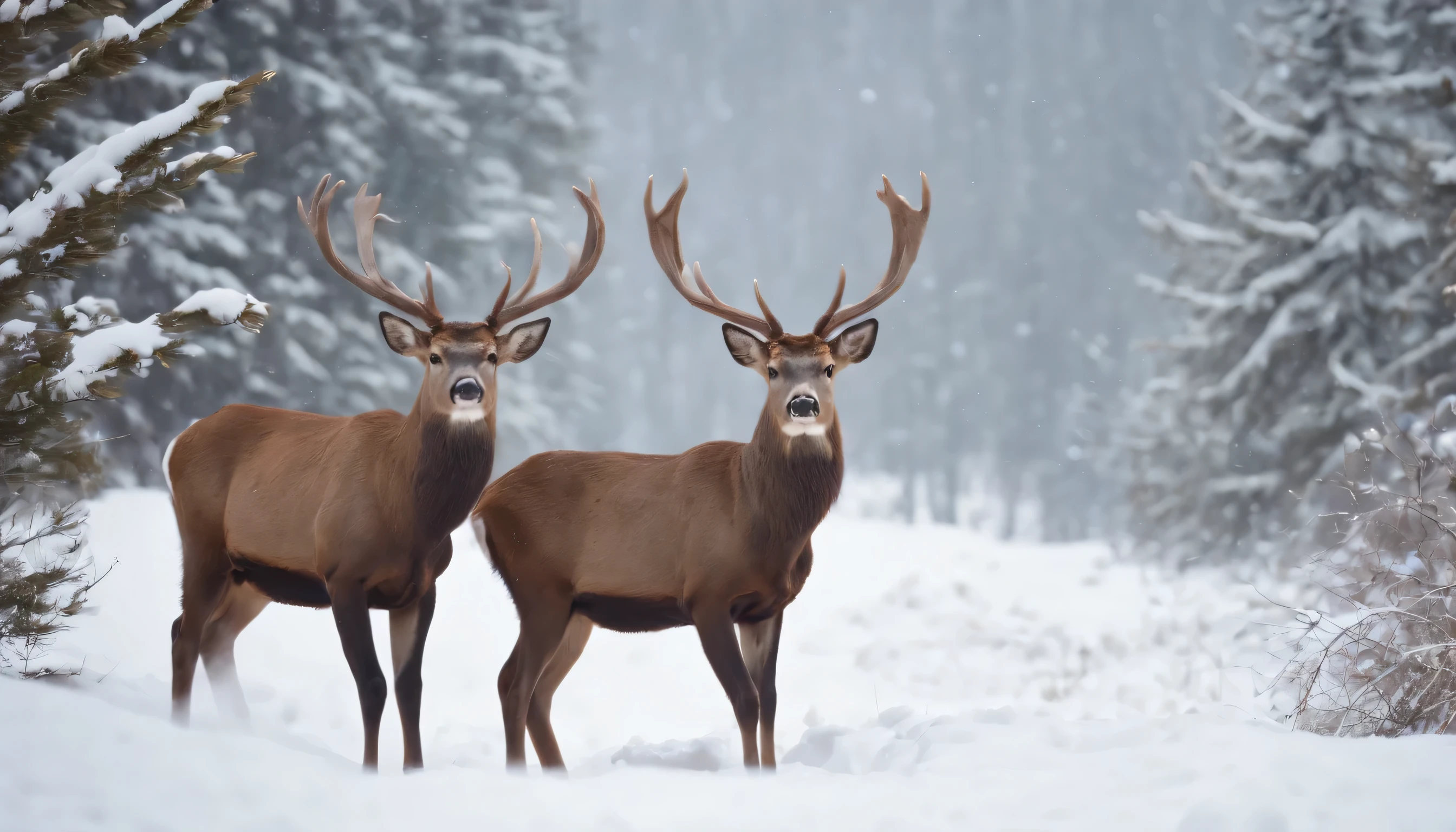 (Highly detailed CG Unity 8k wallpaper、masterpiece、highest quality、Super detailed)、(best lighting、best shadow、very delicate and beautiful)、highest quality、8k、Detailed facial depiction、masterpiece、highest quality、clear image quality、
Photos of deer and wild animals seen from a train running through a snowy landscape。
