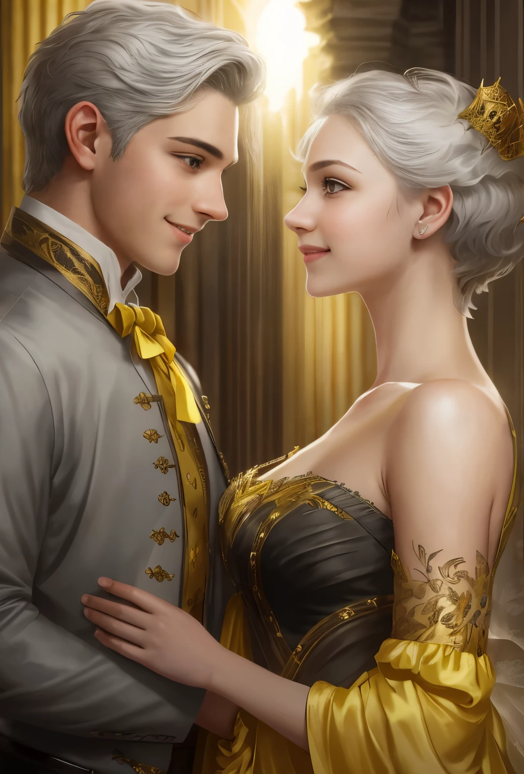 High resolution, portrait, boy and girl with dark hair, 18 years old, light gray hair, short haircut, yellow eyes, smile, crown, portrait, ballroom in the background, realism, fantasy