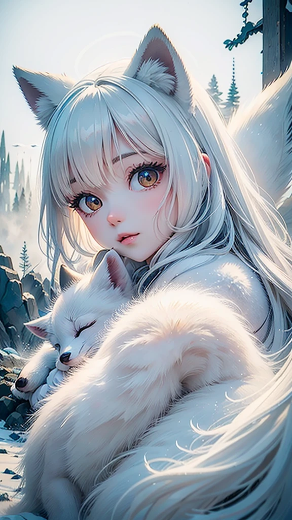 arctic fox/Arctic fox/Arctic fox(masterpiece, best quality, Super detailed, lifelike), Snow covered deep forest.white arctic fox.double contact, close up