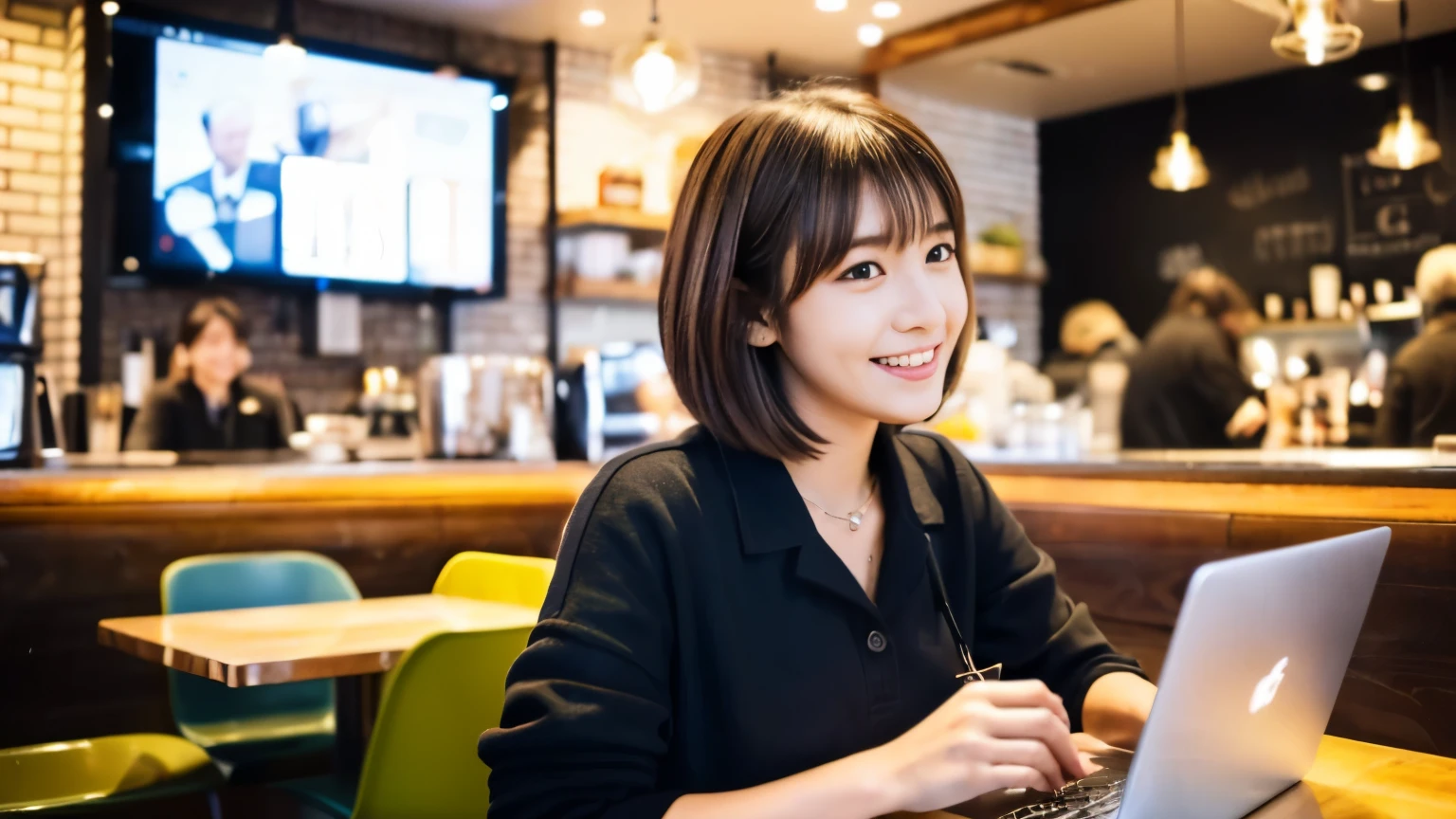 ((最high quality, 8k, masterpiece: 1.3)), perfect face,Inside a bright and lively cafe in New York、A scene in which a beautiful model-like woman is drinking a latte and studying on a laptop.,All around you, you can see other customers enjoying their time.。At the back of the cafe、The staff are busy working at the counter.、You can feel the liveliness and warmth typical of urban cafes., sharp focus, 1 girl, nice buddy: 1.2, brown hair, With bangs, (layered short hair), (big: 1.5), fine eyes, Beautiful eyes with long slits, double eyelid, (cat face), (cute Face), cute Smile, (close your mouth), (cute), soft skin, Show the whole body, surreal, super detailed, high quality, (Beautiful female college student with short hair studying in a cafe), ((詳細な非常にcute女子大生), ((big胸 It can be seen even through clothes))