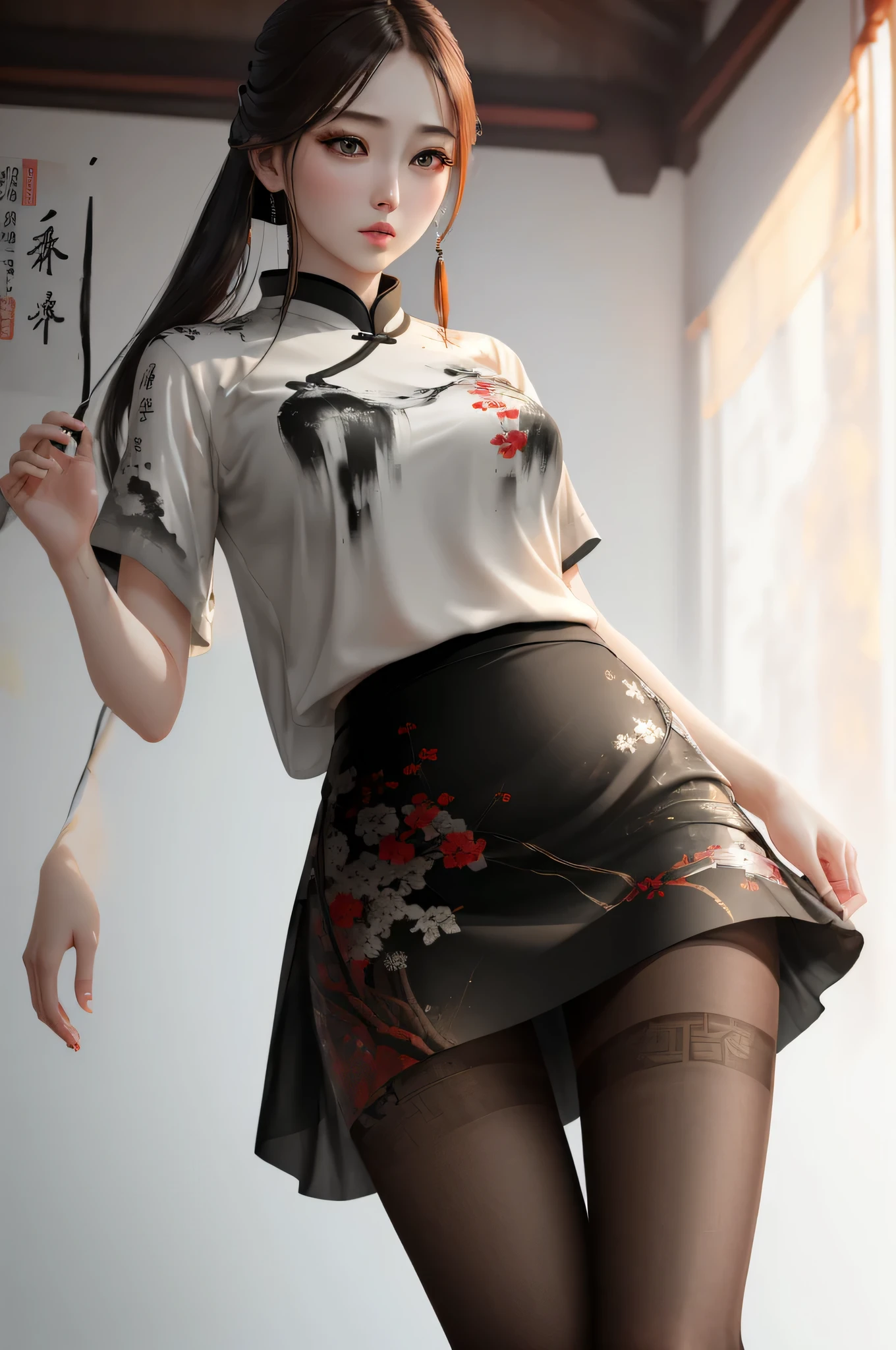 1girl, (8k, RAW photo, best quality, masterpiece:1.2), (realistic, photo-realistic:1.37), solo,ultra-detailed,pantyhose, long shot, beautiful background,,shirt,skirt, ink touch、winter colors, chinese ink drips, artistic painting