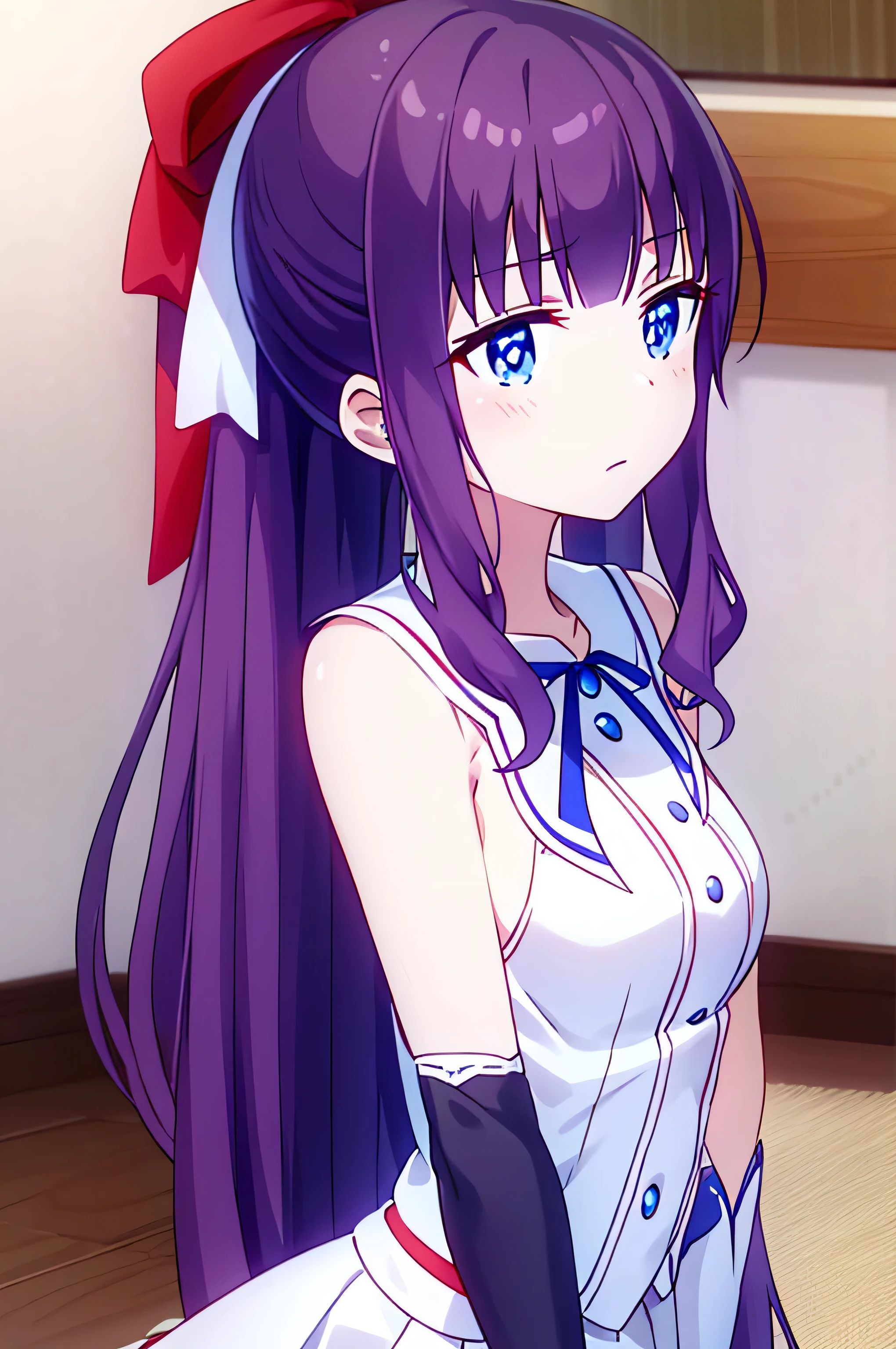 Japanese book, Takimoto Kazufumi, long hair, blush, Bangs, blue eyes, ponytail, purple hair, hair bow, bow, rest gloves, have, skirt, bow, bare shoulders, sleeveless, elbow gloves, White gloves, white skirt, witch have, white tiara, pelvic curtain, side slits, low-tied long hair, large have, rest outdoors, City, rest (masterpiece:1.2), best quality, high resolution, unified 8k wallpaper, (illustration:0.8), (beautiful and delicate eyes:1.6), extremely detailed face, perfect lighting, Extremely detailed CG, (perfect hands, perfect anatomy),