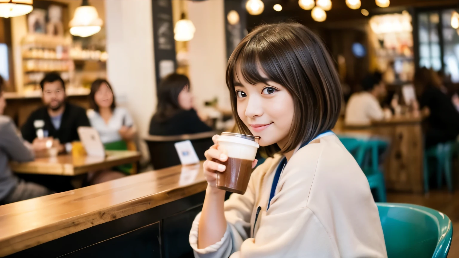 ((最high quality, 8k, masterpiece: 1.3)), perfect face,Inside a bright and lively cafe in New York、A scene in which a beautiful model-like woman is drinking a latte and studying on a laptop.,All around you, you can see other customers enjoying their time.。At the back of the cafe、The staff are busy working at the counter.、You can feel the liveliness and warmth typical of urban cafes., sharp focus, 1 girl, nice buddy: 1.2, brown hair, With bangs, (layered short hair), (big: 1.5), fine eyes, Beautiful eyes with long slits, double eyelid, (cat face), (cute Face), cute Smile, (close your mouth), (cute), soft skin, Show the whole body, surreal, super detailed, high quality, (Beautiful female college student with short hair studying in a cafe), ((詳細な非常にcute女子大生), ((big胸 It can be seen even through clothes))