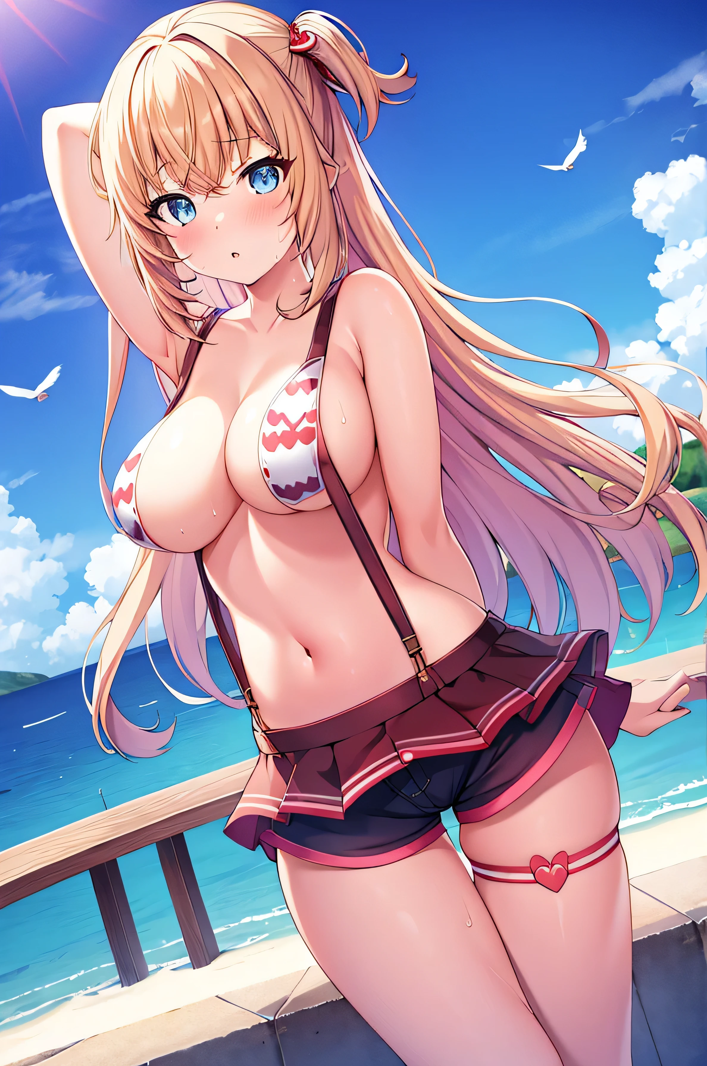 Akai_haexisto, 1 girl, breast, long_head发, Virtual_Youtuber, blonde_head发, underwear, underwear, big deal_breast, Outdoor activities, Very_long_head发, alone, pink_underwear, navel, blush, armpits, head发_decoration, sky空, one_side_up, shorts, cloud, watching_exist_audience, sky, arm_exist后面_head, Bangs, blue_sky空, ribbon, sling, Heart_head发_decoration, blue_Eye, Areola_slip, Red_ribbon, sweexist, arm_up, topless, head发_ribbon, Heart, bird, broke up_lips, Open_fly, short_shorts, strength_Wire, No_shirt, 