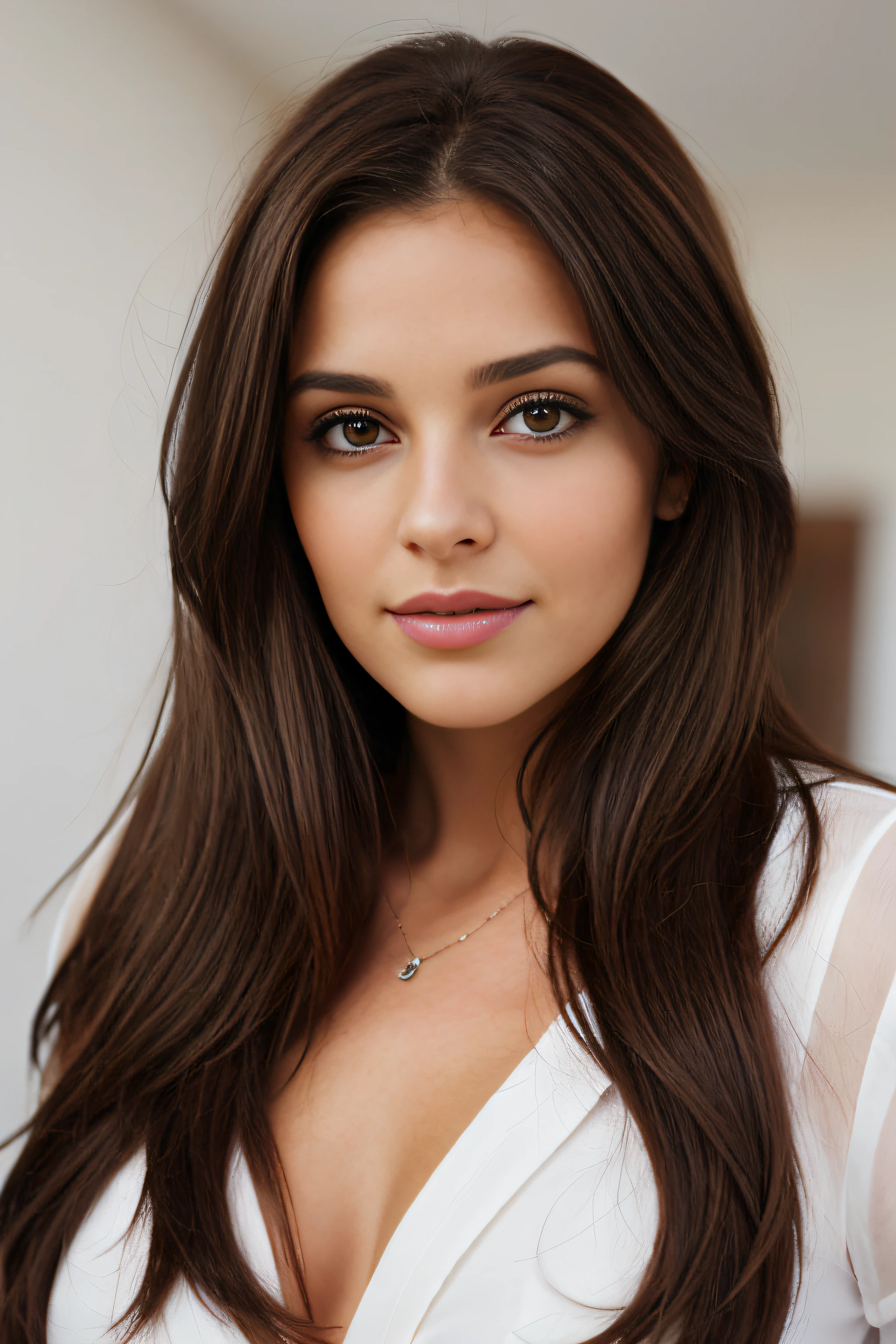 1mulher, (realista:1), cabelo castanho, Cabelo comprido, olhos pretos, feliz