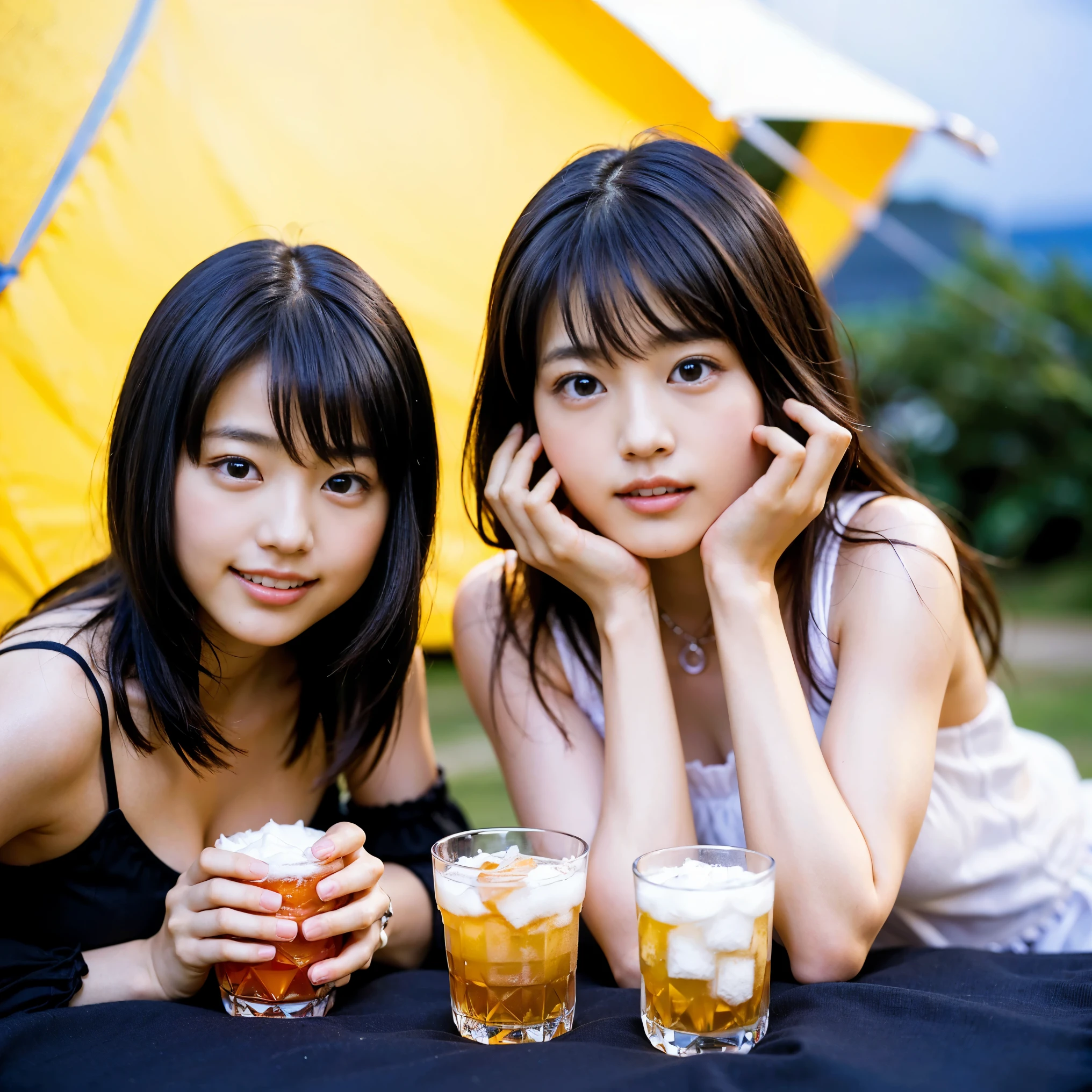 identical twin sisters、highest quality, masterpiece, ultra high resolution, (realistic:1.4), Raw photo, very detailed, perfect anatomy,
In the middle of a beautiful full moon,
Many young girls enjoying tent camping in snowy mountains, All members of popular Japanese idol groups, Detailed snowy mountains,
((everyone color々I drink different types of alcohol, everyone is completely drunk)),
(((So cute、Drunk face like the most famous Japanese idol, all very beautiful、Drunk eyes in very large black solid circles, Every detail is cute and drunk、She looks like the most famous Japanese idol, Beautiful very large black solid circle eyes with all details)))