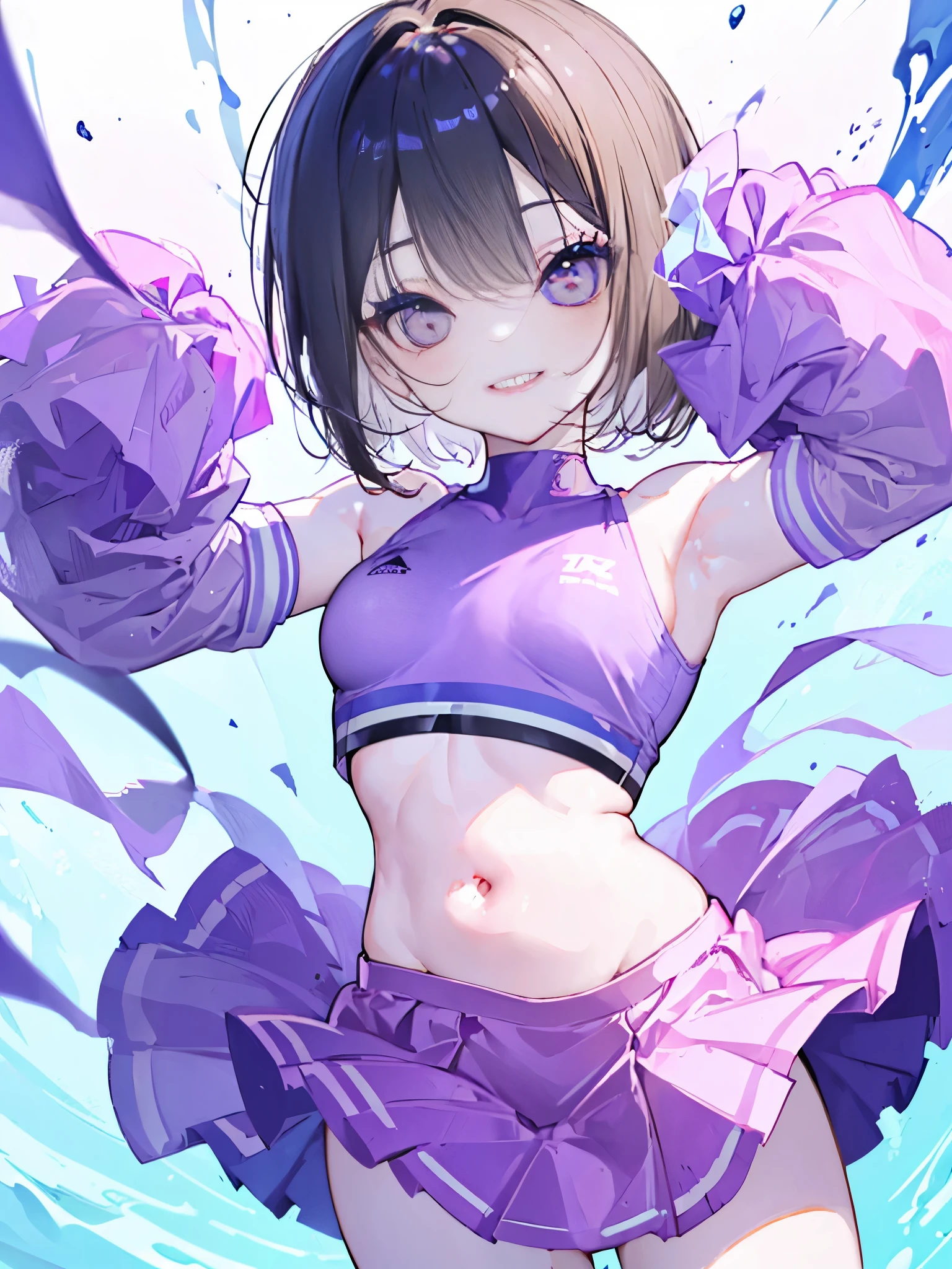 "(perfect masterpiece:1.2), (highest quality:1.2), stunning face, uniform, Chubby, Big eyes, compensate, long and luxurious eyelashes, lip whole,cheerleader,belly button,(((female brat))),(((very short hair))),raised his arms,NSFW,((((smile)))),Are standing,Upper body,front,Cheerleader,mini skirt,double teeth,(((young))),,((((small breasts))))
