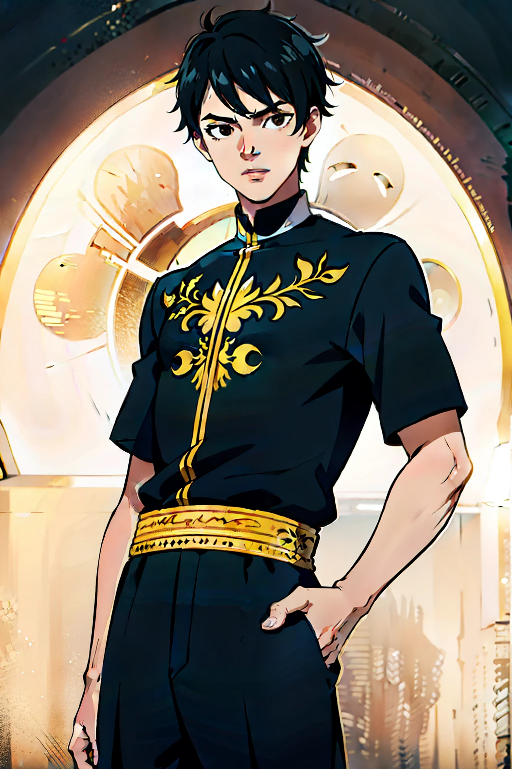 Teenage boy, short black hair, light black eyes, cool personality, beautiful embroidered clothes.