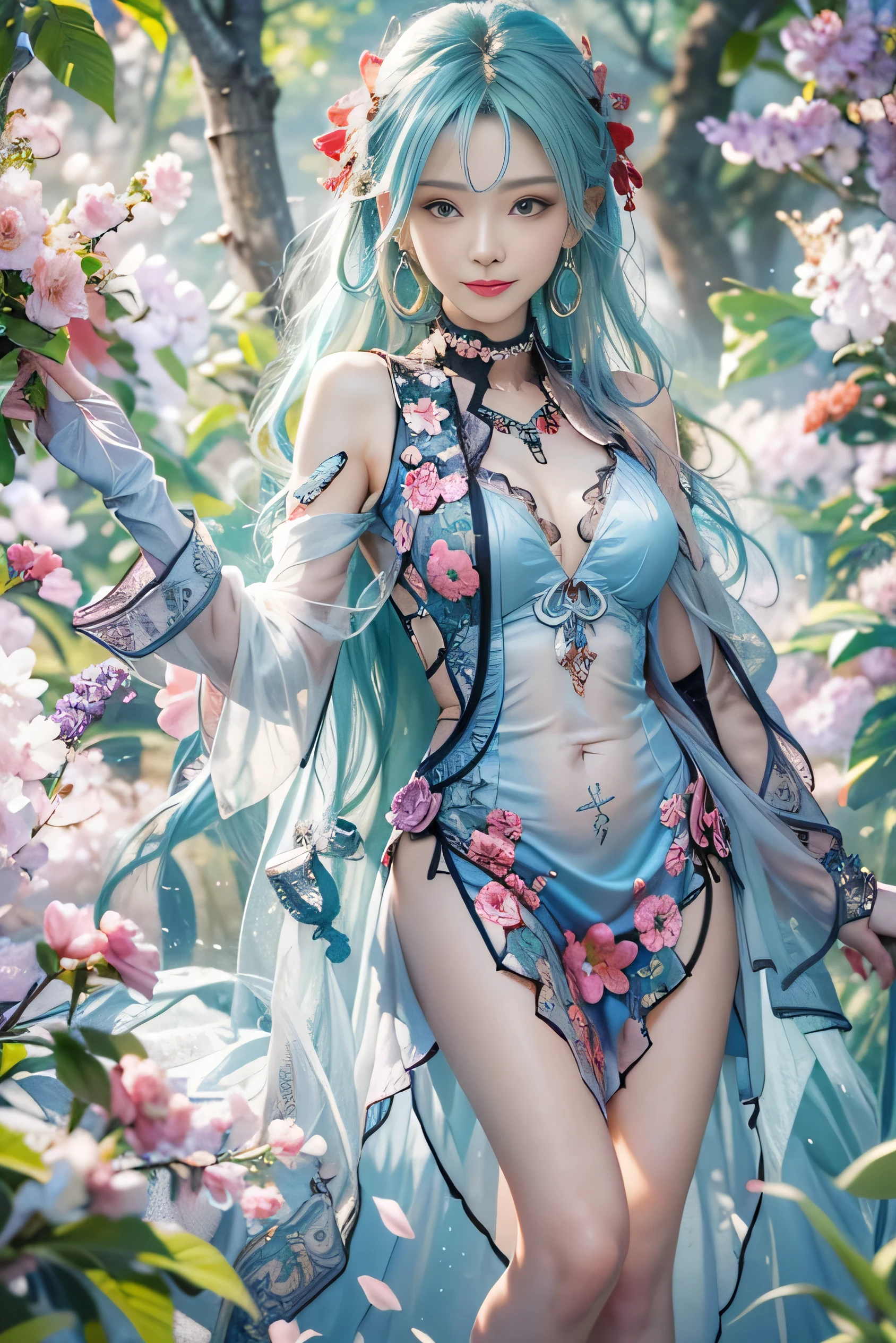 (photorealistic:1.8, highest quality:1.8,8K masterpiece:1.8,High resolution,muste piece:1.8,RAW Photos,cinematic lighting,red and purple dream colors),fantasy world,Fairy 15cm tall,(silk transparent mini dress,Transparent Shawl,delicate hair ornament, Elegant earrings,choker,knee high socks,Cleavage cut),blue eyes,beautiful and detailed blue eyes:1.7,double eyelid:1.6,beautiful skin:1.8, (looking at the camera:1.2),(View from the front:1.3),( Long Hair:1.2,Beautiful shining blue lime hair:1.5), expression(Impish Smile:1.3,face turns red:1.3),(Moderate chest:1.3),Pause(Seductive pose:1.5),background(spring scenery,Psychedelic fairy forest with blooming flowers),(detailed perfect face),anatomically correct,normal hands:1.5,normal finger:1:5,normal feet:1.5,(cameltoe)