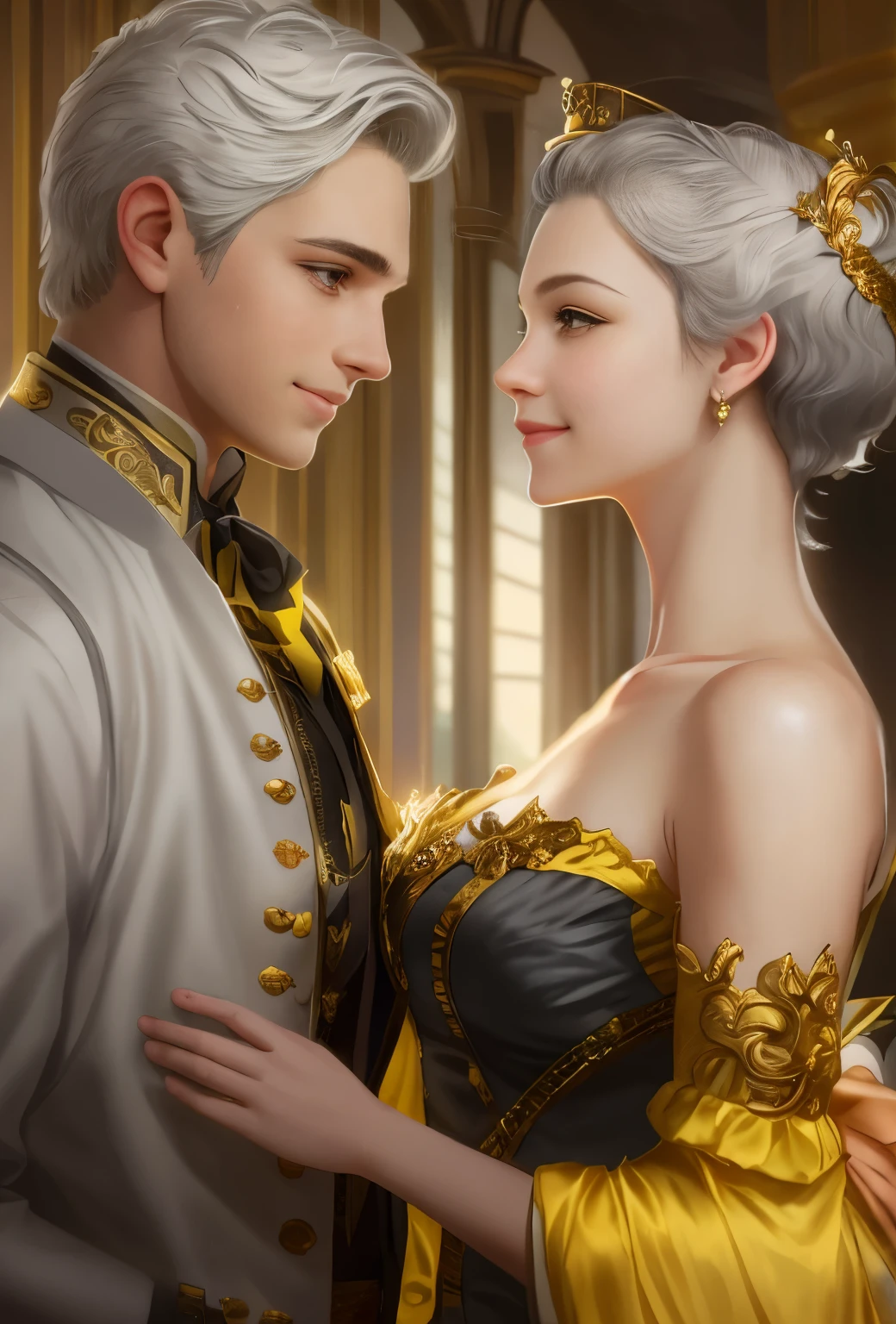 High resolution, portrait, boy and girl with dark hair, 18 years old, light gray hair, short haircut, yellow eyes, smile, crown, portrait, ballroom in the background, realism, fantasy