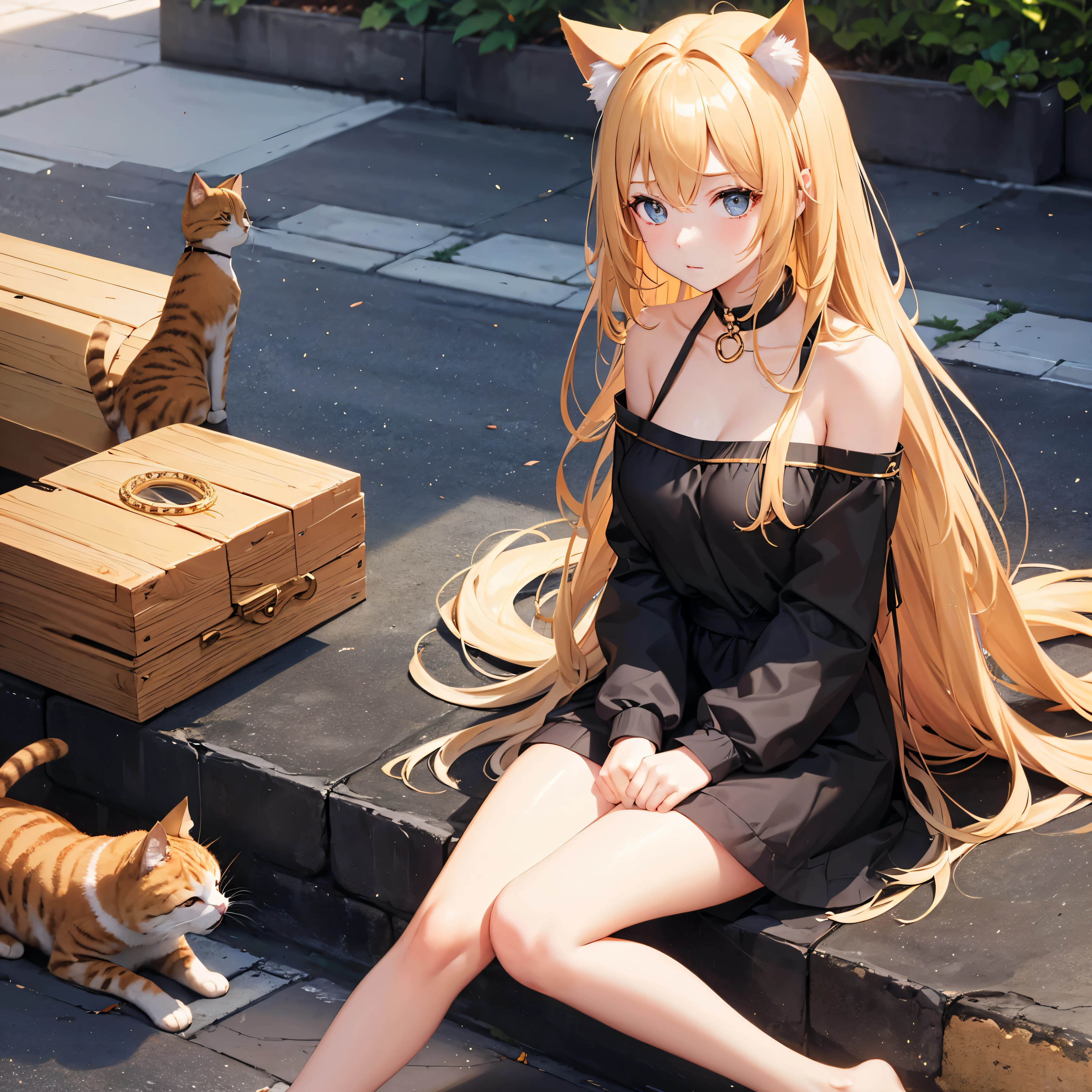 Cute girl , one girl , golden hair , long hair , short high , cat ears, sitting on ground , someone pet her , someone touch her hed , medium breasts