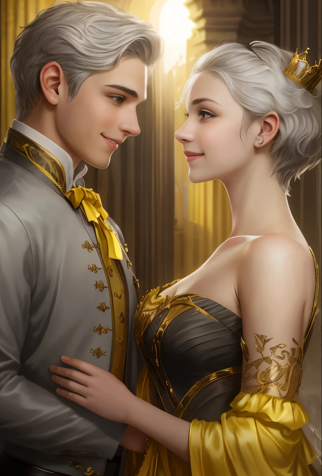 High resolution, portrait, boy and girl with dark hair, 18 years old, light gray hair, short haircut, yellow eyes, smile, crown, portrait, ballroom in the background, realism, fantasy