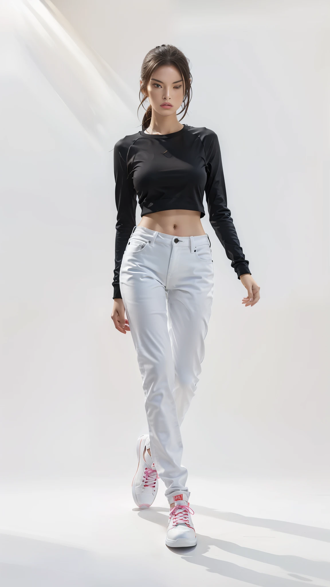 16K, Masterpiece, photorealism, A girl walks to her full height, a girl with dark long hair, a girl dressed in a white top, light jeans, white sneakers, white background,