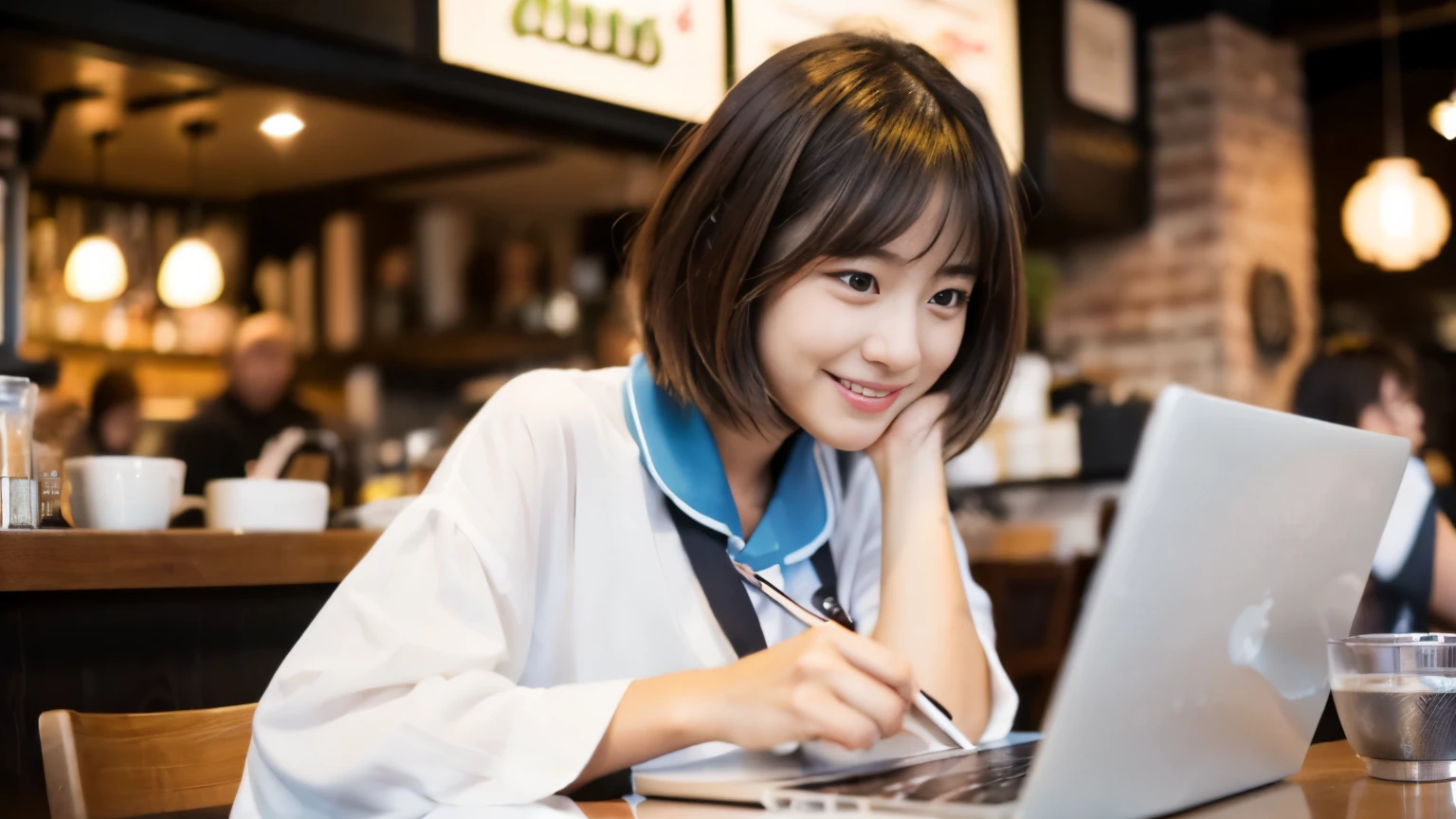 ((最high quality, 8k, masterpiece: 1.3)), perfect face,Inside a stylish cafe in New York、A scene in which a beautiful model-like woman is drinking a latte and studying on a laptop.,All around you, you can see other customers enjoying their time.。At the back of the cafe、The staff are busy working at the counter.、You can feel the liveliness and warmth typical of urban cafes., sharp focus, 1 girl, nice buddy: 1.2, brown hair, With bangs, (layered short hair), (big: 1.5), fine eyes, Beautiful eyes with long slits, double eyelid, (cat face), (cute Face), cute Smile, (close your mouth), (cute), soft skin, Show the whole body, surreal, super detailed, high quality, (Beautiful female college student with short hair studying in a cafe), ((詳細な非常にcute女子大生), ((big胸 It can be seen even through clothes))