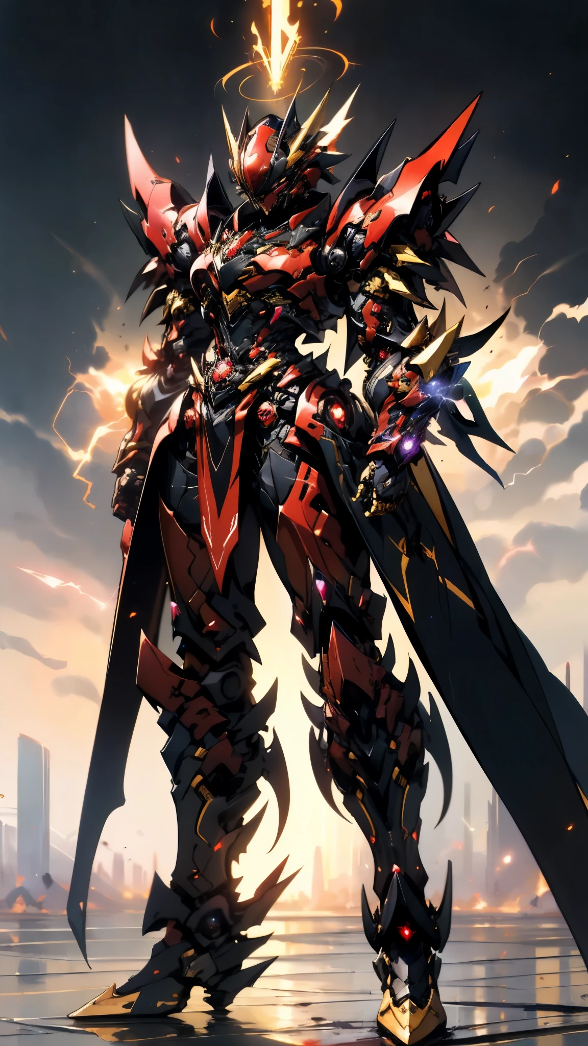 A woman adorned in fantasy-style full-body armor, a crown-concept fully enclosed helmet that unveils only her eyes, a composite layered chest plate, fully encompassing shoulder and hand guards, a lightweight waist armor, form-fitting shin guards, the overall design is heavy-duty yet flexible, ((the armor gleams with a golden glow, complemented by red and blue accents)), exhibiting a noble aura, she floats above a fantasy-surreal high-tech city, this character embodies a finely crafted fantasy-surreal style armored hero in anime style, exquisite and mature manga art style, (Queen bee mixed with Spider concept Armor, plasma, blood), ((Element, energy, elegant, goddess, femminine:1.5)), metallic, high definition, best quality, highres, ultra-detailed, ultra-fine painting, extremely delicate, professional, anatomically correct, symmetrical face, extremely detailed eyes and face, high quality eyes, creativity, RAW photo, UHD, 32k, Natural light, cinematic lighting, masterpiece-anatomy-perfect, masterpiece:1.5