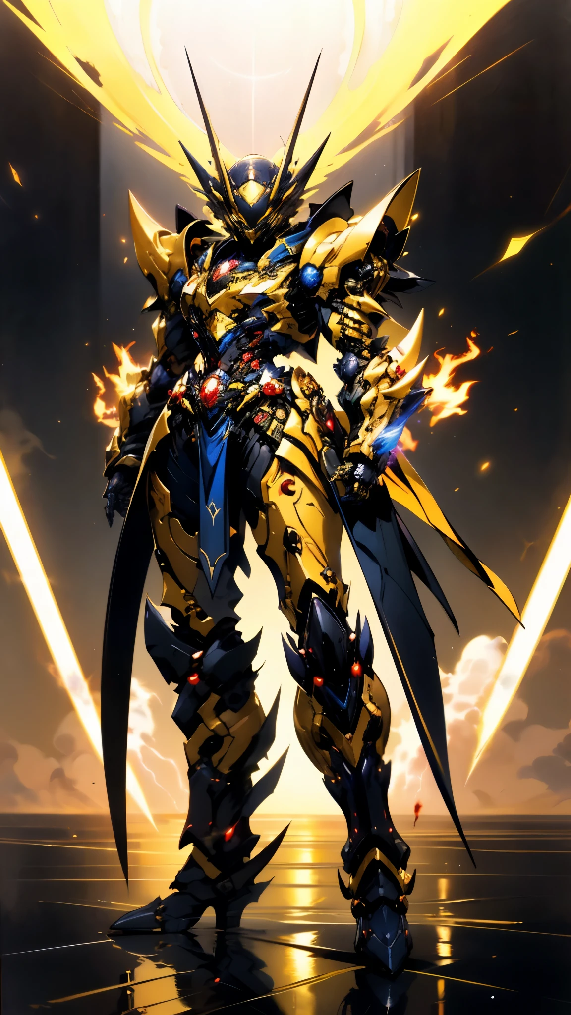 A woman adorned in fantasy-style full-body armor, a crown-concept fully enclosed met that unveils only her eyes, a composite layered chest plate, fully encompassing shoulder and hand guards, a lightweight waist armor, form-fitting shin guards, the overall design is heavy-duty yet flexible, ((the armor gleams with a golden glow, complemented by red and blue accents)), exhibiting a noble aura, she floats above a fantasy-surreal high-tech city, this character embodies a finely crafted fantasy-surreal style armored hero in anime style, exquisite and mature manga art style, (Queen bee mixed with Spider concept Armor, plasma, blo((Element, energy, elegant, goddess, femminine:1.5)), metallic, high definition, best quality, highres, ultra-detailed, ultra-fine painting, extremely delicate, professional, anatomically correct, symmetrical face, extremely detailed eyes and face, high quality eyes, creativity, RAW photo, UHD, 32k, Natural light, cinematic lighting, masterpiece-anatomy-perfect, masterpiece:1.5