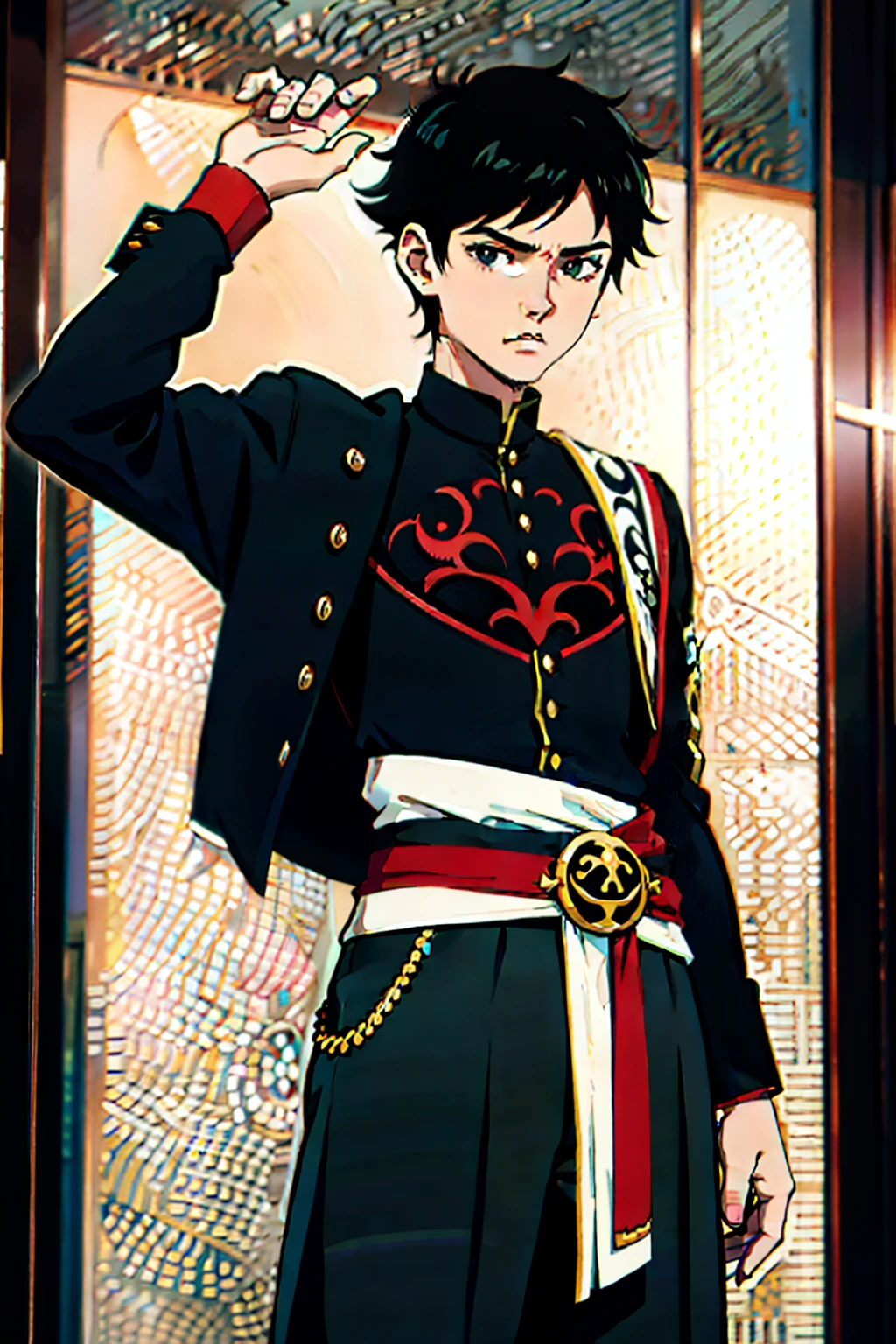 Teenage boy, short black hair, light black eyes, cool personality, beautiful embroidered clothes.