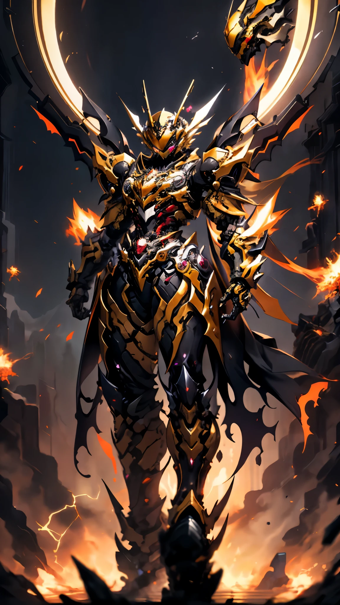 A woman adorned in fantasy-style full-body armor, a crown-concept fully enclosed helmet that unveils only her eyes, a composite layered chest plate, fully encompassing shoulder and hand guards, a lightweight waist armor, form-fitting shin guards, the overall design is heavy-duty yet flexible, ((the armor gleams with a golden glow, complemented by red and blue accents)), exhibiting a noble aura, she floats above a fantasy-surreal high-tech city, this character embodies a finely crafted fantasy-surreal style armored hero in anime style, exquisite and mature manga art style, (Queen bee mixed with Spider concept Armor, plasma, blood), ((Element, energy, elegant, goddess, femminine:1.5)), metallic, high definition, best quality, highres, ultra-detailed, ultra-fine painting, extremely delicate, professional, anatomically correct, symmetrical face, extremely detailed eyes and face, high quality eyes, creativity, RAW photo, UHD, 32k, Natural light, cinematic lighting, masterpiece-anatomy-perfect, masterpiece:1.5
