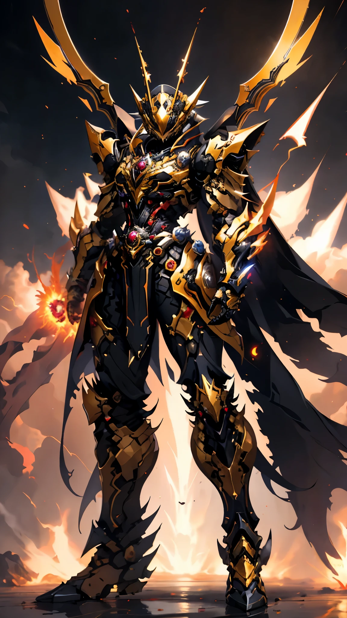 A woman adorned in fantasy-style full-body armor, a crown-concept fully enclosed helmet that unveils only her eyes, a composite layered chest plate, fully encompassing shoulder and hand guards, a lightweight waist armor, form-fitting shin guards, the overall design is heavy-duty yet flexible, ((the armor gleams with a golden glow, complemented by red and blue accents)), exhibiting a noble aura, she floats above a fantasy-surreal high-tech city, this character embodies a finely crafted fantasy-surreal style armored hero in anime style, exquisite and mature manga art style, (Queen bee mixed with Spider concept Armor, plasma, blood), ((Element, energy, elegant, goddess, femminine:1.5)), metallic, high definition, best quality, highres, ultra-detailed, ultra-fine painting, extremely delicate, professional, anatomically correct, symmetrical face, extremely detailed eyes and face, high quality eyes, creativity, RAW photo, UHD, 32k, Natural light, cinematic lighting, masterpiece-anatomy-perfect, masterpiece:1.5