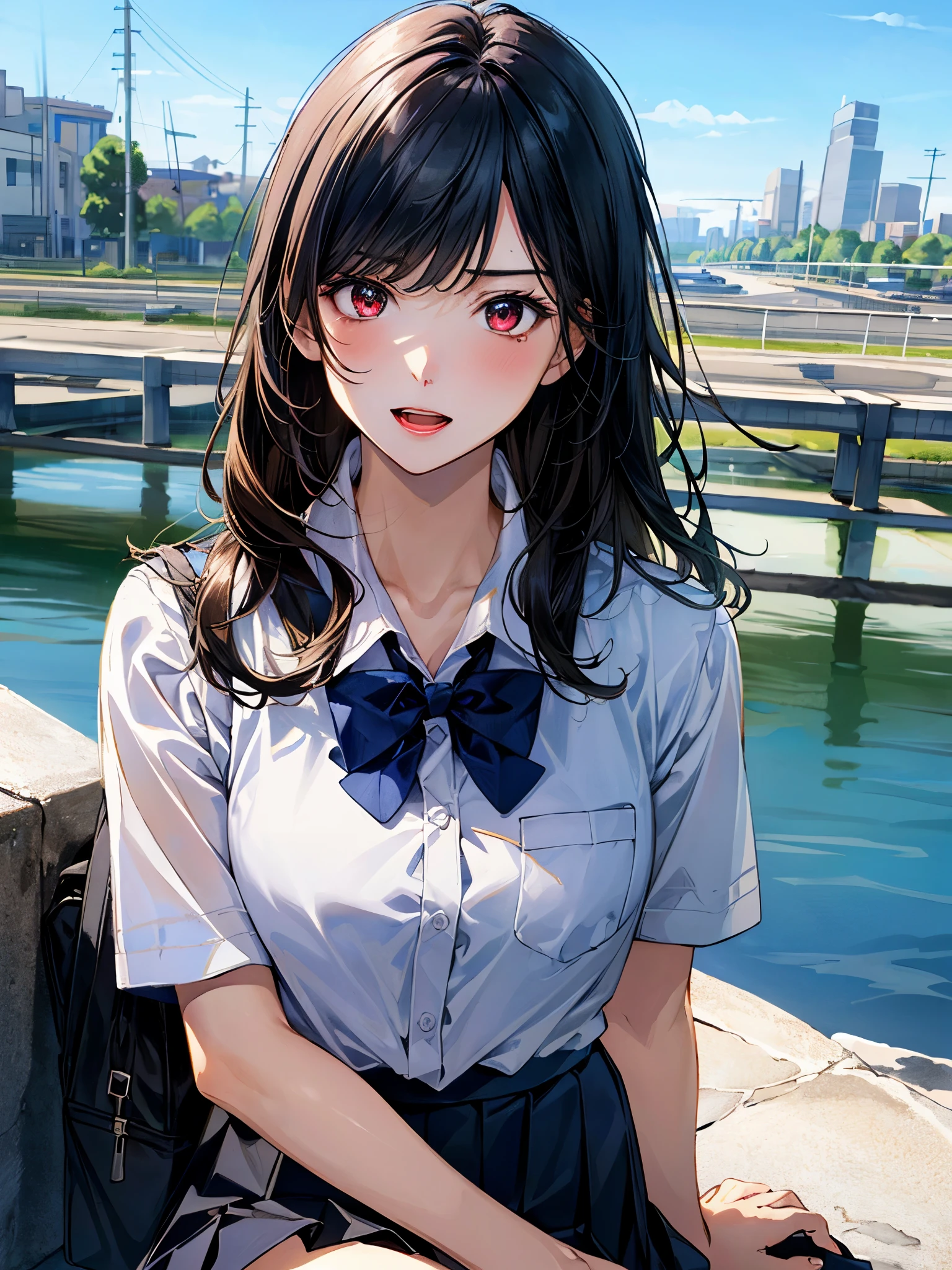 (masterpiece:1.2, top-quality), (realistic, photorealistic:1.4), beautiful illustration, (natural side lighting, movie lighting),
looking at viewer, (face focus, extreme close-up), 1 girl, japanese, high school girl, perfect face, (perfect anatomy), cute and symmetrical face, shiny skin,
(middle hair, straight hair, black hair), asymmetrical bangs, dark red eyes, long eye lasher, (medium breasts, seductive thighs, big ass),
beautiful hair, beautiful face, beautiful detailed eyes, beautiful clavicle, beautiful body, beautiful chest, beautiful thigh, beautiful legs,
((insanely detailed clothes, white collared shirt, navy pleated skirt, dark red bow tie)), navy school bag,
(beautiful scenery), depth of field, evening, (riverside, cityscape in the distance), (serious, half-open mouth),