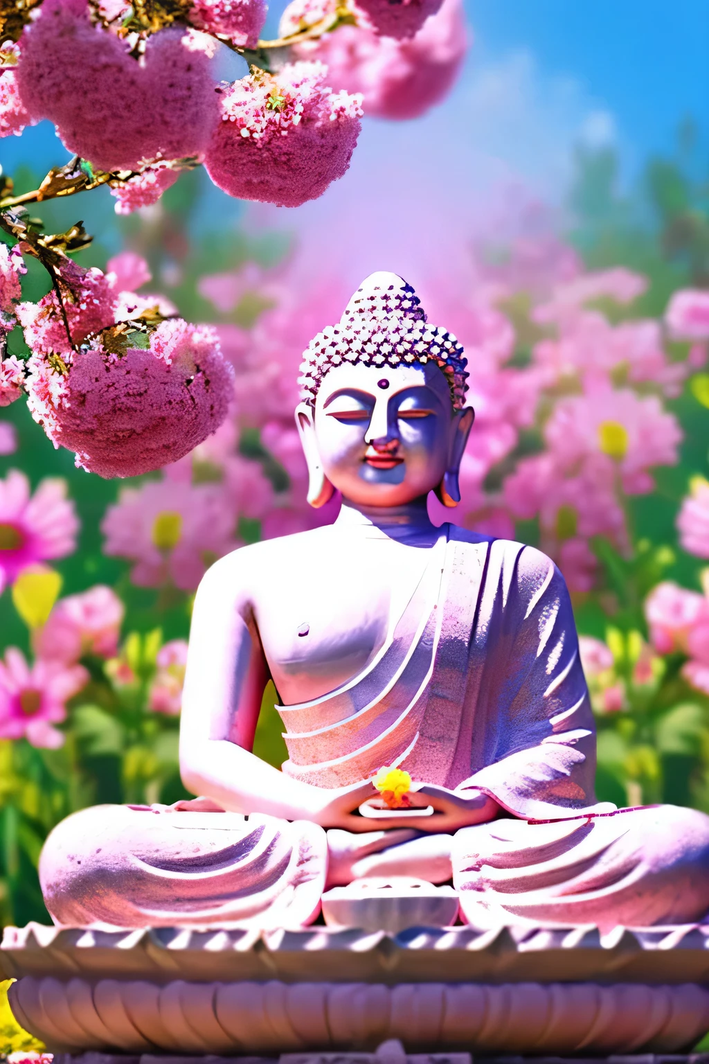 buddha statue buddha on light background solo front looking here halo is shining upper body only body is 70 on screen%Profession hold hands Like a photograph The background is full of flowers The background color is pink wonderful background