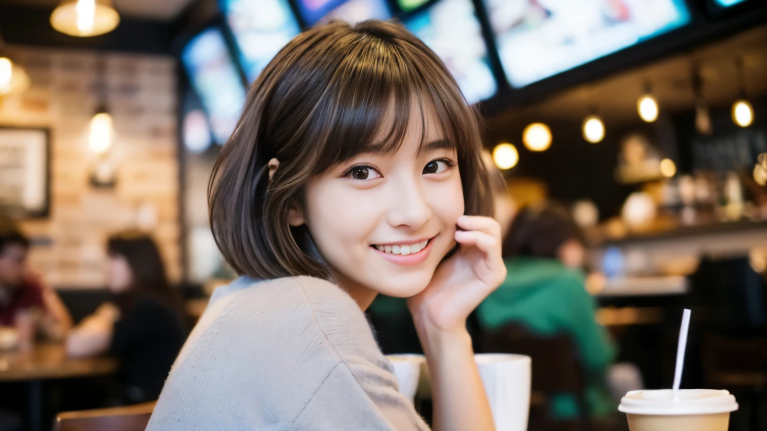 ((最high quality, 8k, masterpiece: 1.3)), perfect face,Inside a stylish cafe in New York、A scene in which a beautiful model-like woman is drinking a latte and studying on a laptop.,All around you, you can see other customers enjoying their time.。At the back of the cafe、The staff are busy working at the counter.、You can feel the liveliness and warmth typical of urban cafes., sharp focus, 1 girl, nice buddy: 1.2, brown hair, With bangs, (layered short hair), (big: 1.5), fine eyes, Beautiful eyes with long slits, double eyelid, (cat face), (cute Face), cute Smile, (close your mouth), (cute), soft skin, Show the whole body, surreal, super detailed, high quality, (Beautiful female college student with short hair studying in a cafe), ((詳細な非常にcute女子大生), ((big胸 It can be seen even through clothes))