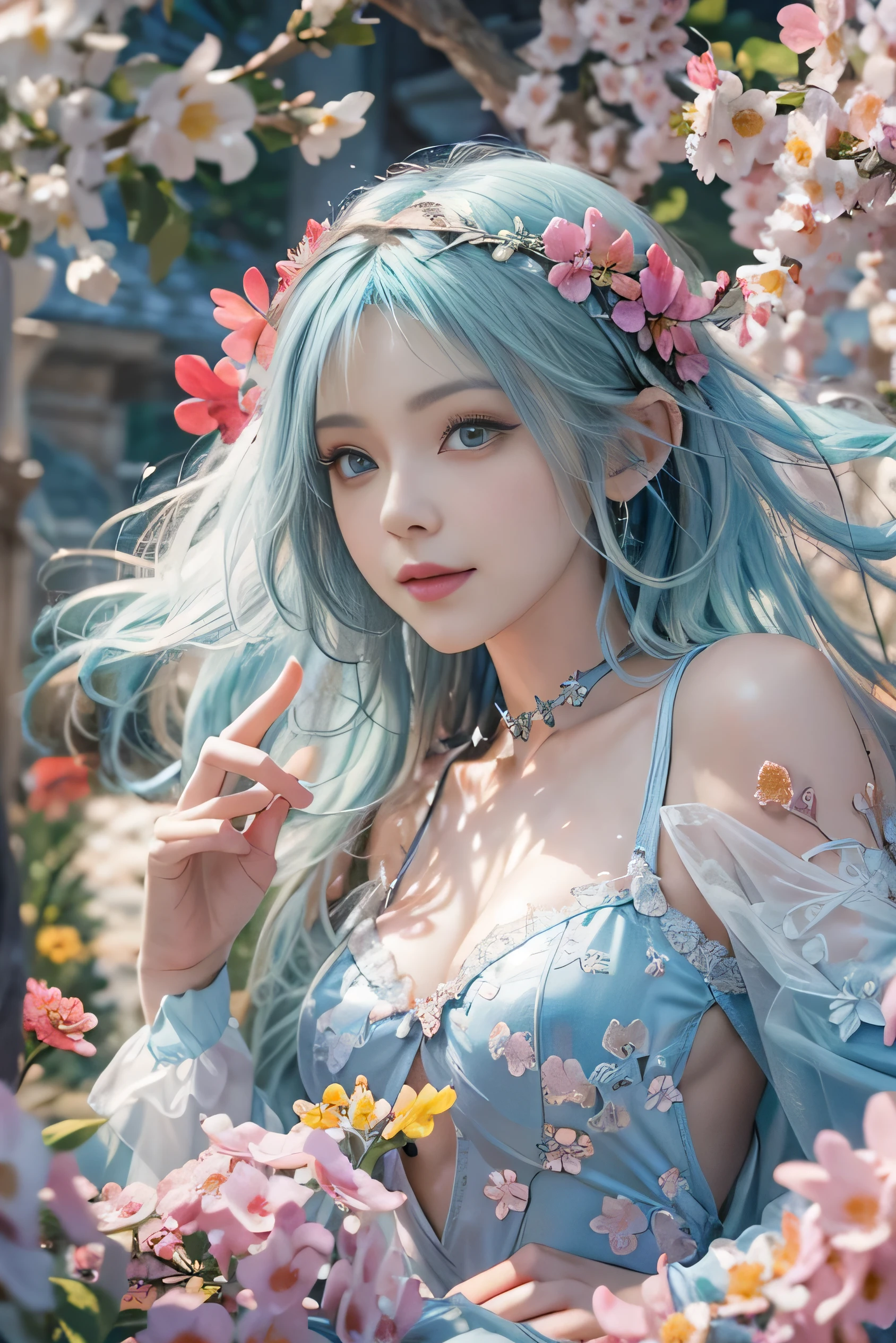 (photorealistic:1.8, highest quality:1.8,8K masterpiece:1.8,High resolution,muste piece:1.8,RAW Photos,cinematic lighting,red and purple dream colors),fantasy world,Fairy 15cm tall,(white leotard,choker,Cleavage cut,beautiful butt),blue eyes,beautiful and detailed blue eyes:1.7,double eyelid:1.6,beautiful skin:1.8, (looking at the camera:1.5),(photo seen from behind:1.4),( midium Hair:1.2,Beautiful shining blue lime hair:1.5), expression(Impish Smile:1.3,face turns red:1.3),(Moderate chest:1.3), transparent nipples,Pause(Seductive pose:1.5),buttocks emphasis,background(spring scenery,Fairy forest with blooming flowers),(detailed perfect face),anatomically correct,normal hands:1.5,normal finger:1:5,normal feet:1.5,(cameltoe)