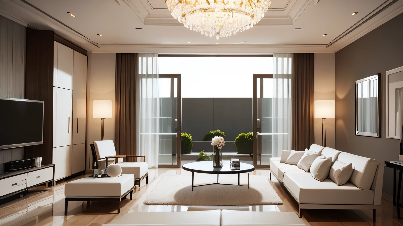 you are a famous interior designer、I was asked to create a 3D image of a large modern room.。. Create a harmonious environment with modern and minimalist furniture. Including garden interior.