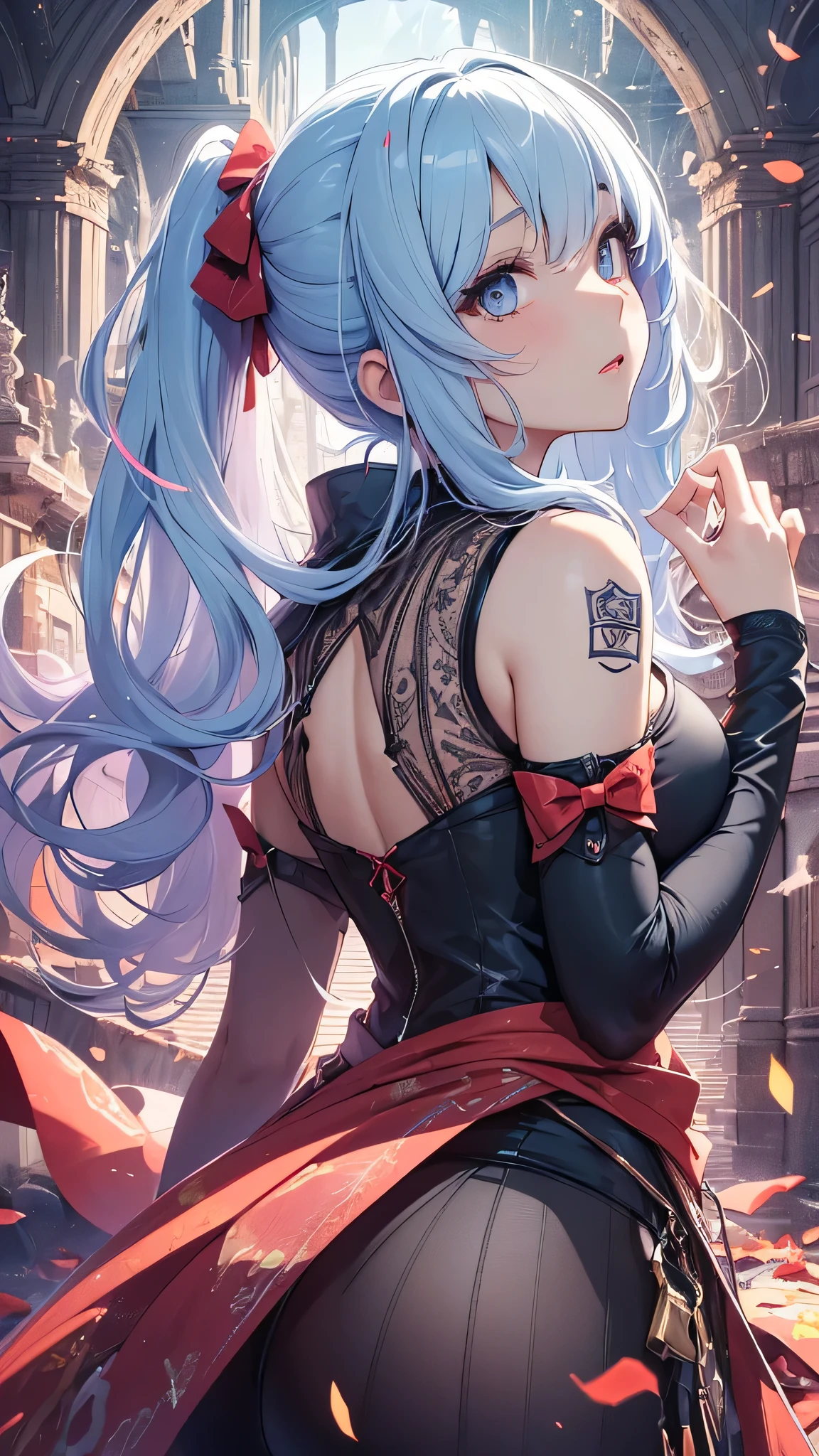 最high quality、best image quality、masterpiece、girl((20-year-old、 By becoming、vest bust、medium bust,wide open breast tea、shining eyes, light blue hair、long hair、thin,highest valley、ponytail、action of looking up、bandage、black dress、long skirt、Rear view、emphasize the buttocks,surprised face、mid-waist)),high quality、beautiful art、background((Gorgeous castle、red rain falls))、Flight、debris flies、Depth of written boundary、movie、visual art、perfect art、8k,genuine、