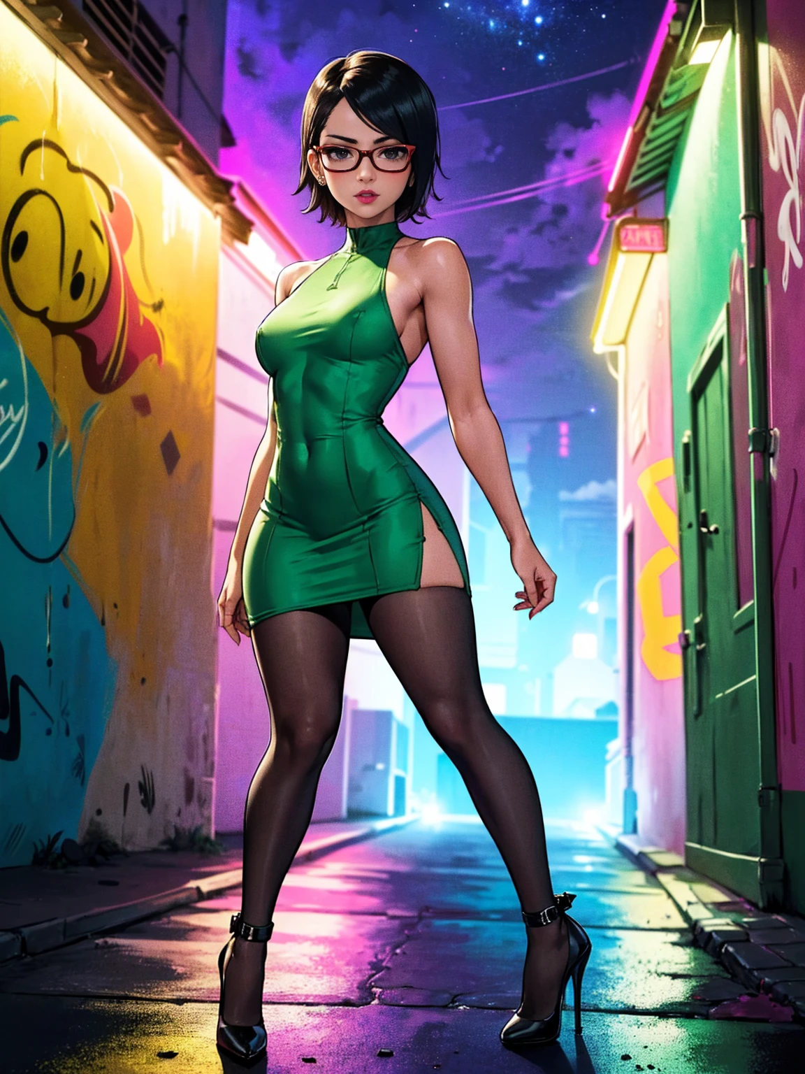 ((small breast, Sarada Uchiha, short hair, black eyes, glasses, uchiha sarada)), ((solo, 1woman, pink lipstick, Extremely detailed, ambient soft lighting, 4k, perfect eyes, a perfect face, perfect lighting, a 1girl, single front, Milky Way)) austere, ((high hell, stiletto high heels, (neon green dress, bodycon dress, sleeveless, halter, single front), neon green bodycon dress)), night sky, clouds, , lots of , (graffiti alley, graffiti walls, in an alley, night, moonlight, starry night)