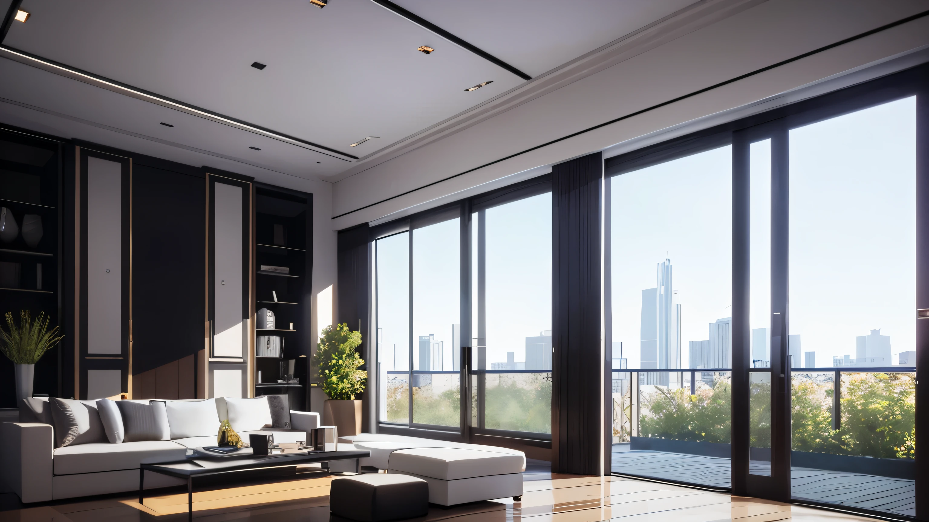 you are a famous interior designer、I was asked to create a 3D image of a large modern room.。. Create a harmonious environment with modern and minimalist furniture. Including garden interior.