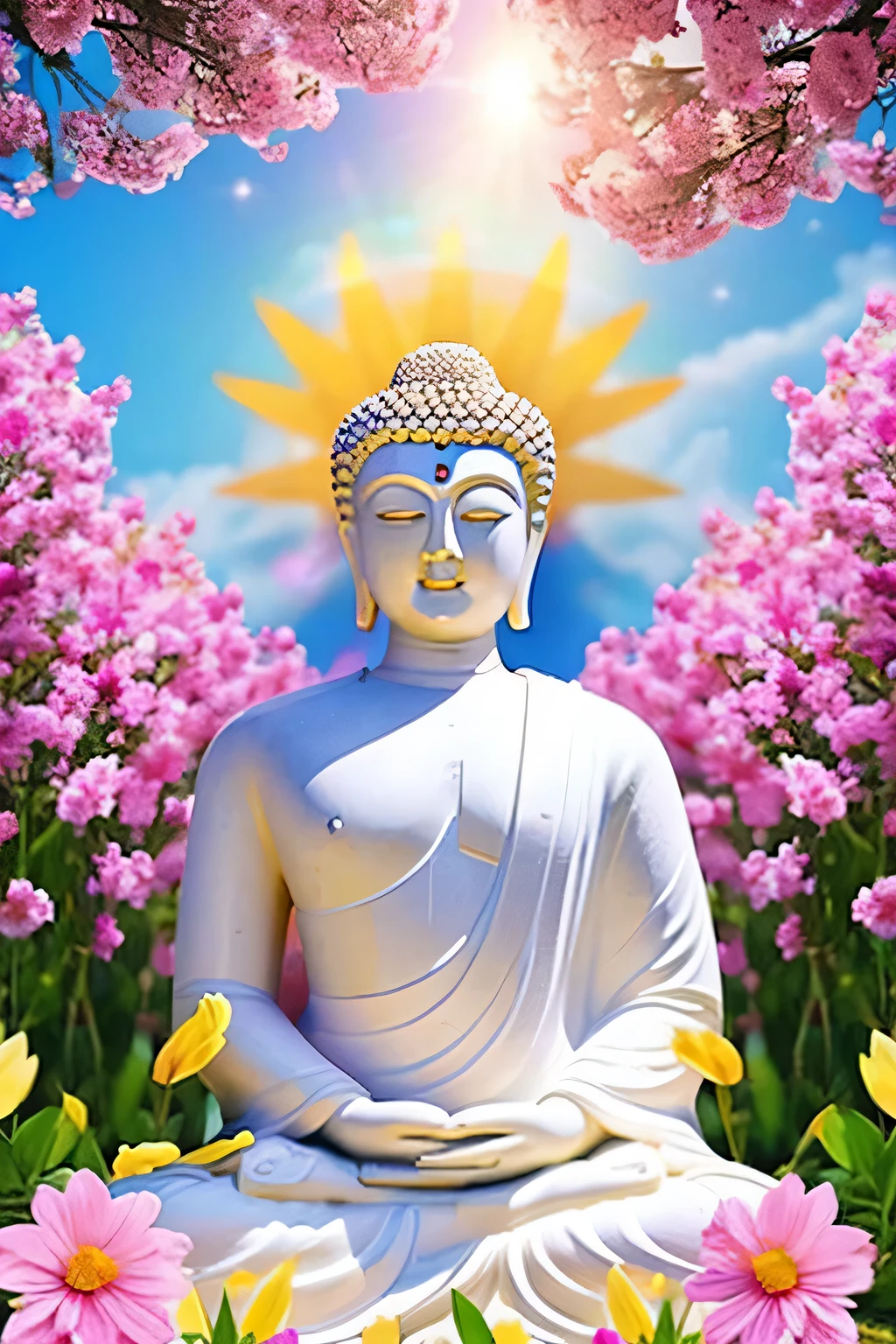 明るい背景のGreat Buddha像　Great Buddha　solo front　looking here　halo is shining　upper body only　body is 70 on screen%Profession　hold hands　Like a photograph　The background is full of flowers　The background color is pink wonderful background