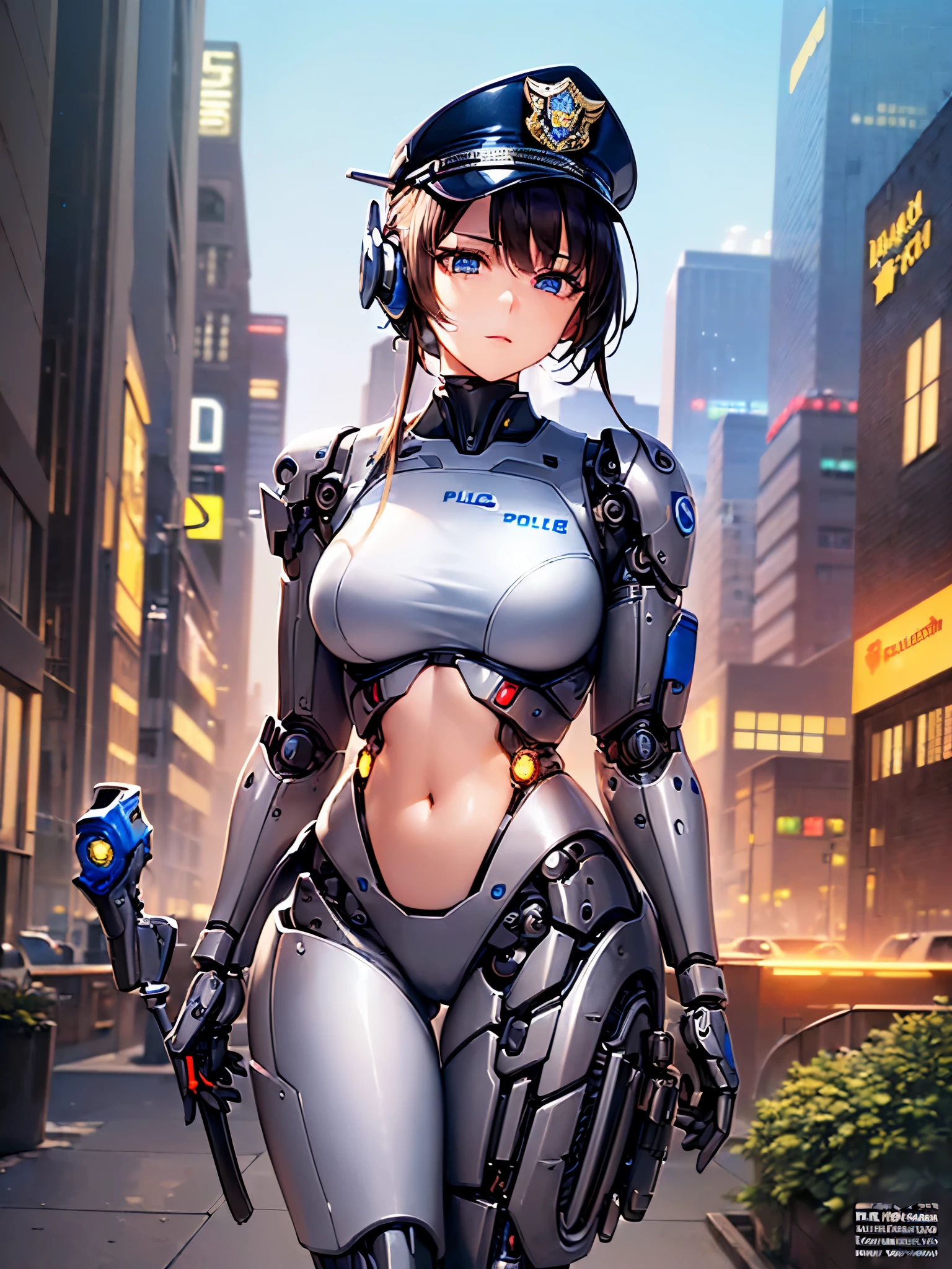 ((highest quality)),(ultra high resolution),(Super detailed),(detailed description),((best CG)),(best work of art),super precision art,amazing drawing art,(Sci-fi art with precise details:1.5), (1 female cyborg police officer:1.8),((mechanical:1.7)),(Mechanics detailed down to the finest detail:1.8),cylinder:1.5,glowing tube:1.4,clear parts:1.6