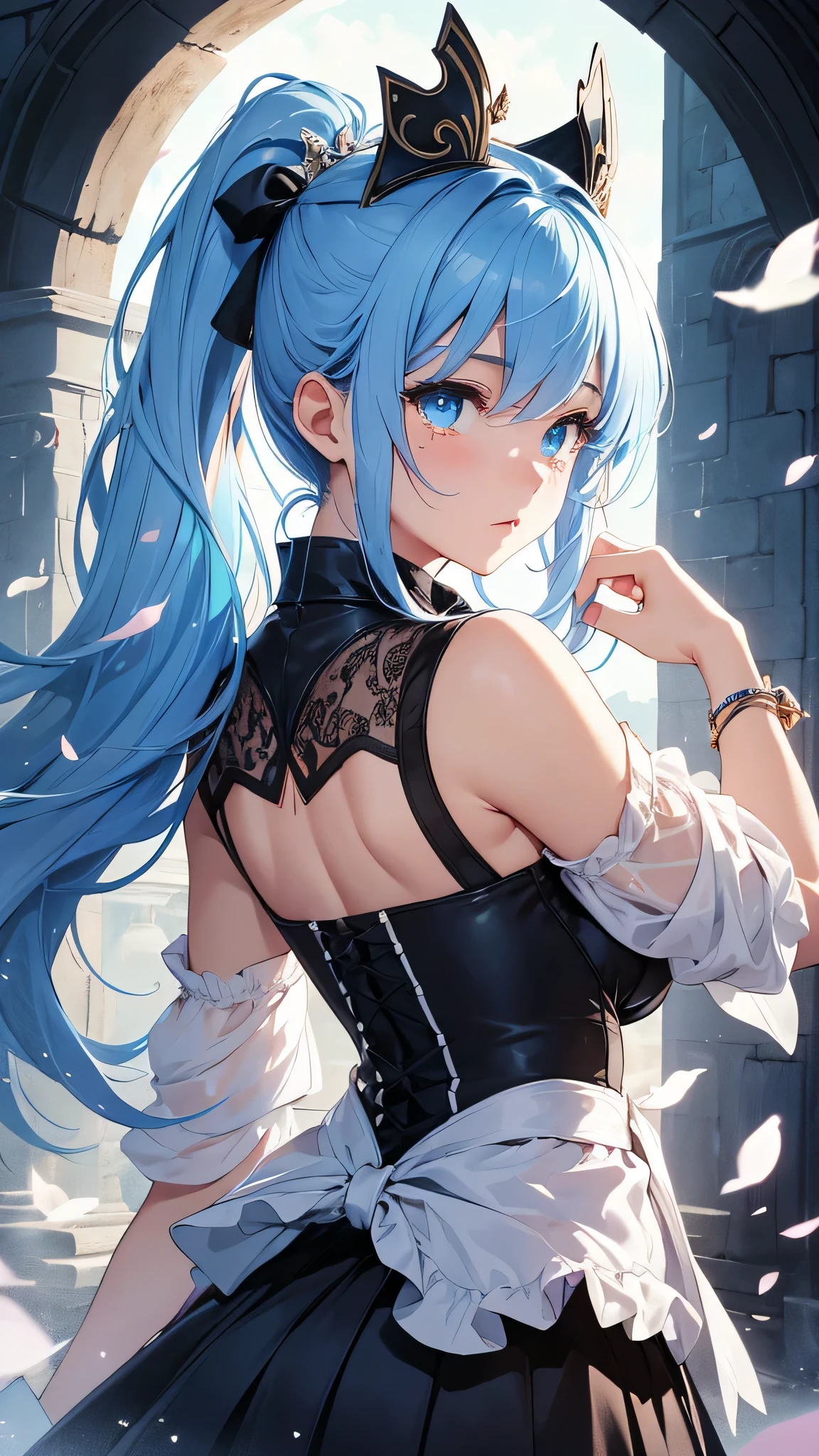 最high quality、best image quality、masterpiece、girl((20-year-old、 By becoming、vest bust、medium bust,wide open breast tea、shining eyes, light blue hair、long hair、thin,highest valley、ponytail、action of looking up、bandage、black dress、long skirt、Rear view、emphasize the buttocks,surprised face、mid-waist、tears)),high quality、beautiful art、background((Gorgeous castle、beautiful atmosphere))、Flight、debris flies、Depth of written boundary、movie、visual art、perfect art、8k,genuine、