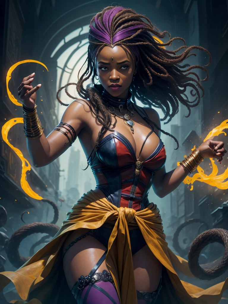 description: Generate an image of Harley Quinn with totally African characteristics, incluindo pele escura, cabelo enrolado e colorido.

Instructions for generating the image:
1. A Arlequina deve ser representada como uma mulher africana, with dark skin and facial features that reflect the ethnic and cultural diversity of the African continent.
2. Seu cabelo deve ser naturalmente enrolado, com cachos definidos e cheios, demonstrando a beleza dos diferentes estilos e texturas de cabelo afro.
3. Hair coloring should be vibrant, usando cores como azul, rosa, verde ou roxo, que combinem harmoniosamente com sua pele escura e realcem sua personalidade marcante.
4. Ela deve estar vestindo um traje inspirado na personagem original da Arlequina, with a predominance of black and red colors, but with elements that value the richness of African cultural traditions.
5. Harley Quinn's pose should be dynamic, reflecting your outgoing and energetic personality, and allowing you to highlight your African identity with confidence.
6. O fundo da imagem pode ser uma paisagem urbana, alluding to a cosmopolitan city, or any scenario that refers to Gotham City, mas com elementos que possam representar a cultura africana de forma respeitosa e positiva.

Lembrete: Make sure the representation is culturally sensitive and respectful, avoiding stereotypes and cultural appropriation. Enfatize a beleza e a diversidade da cultura africana, proporcionando uma imagem empoderadora da Arlequina.

Dica: Use sensory descriptions to enhance the image, destacando a textura do cabelo, os detalhes do traje, the facial expression and atmosphere of the scenery.

After the image is generated, consider making adjustments or reiterating instructions to ensure an outcome that celebrates African representation and the cultural richness of Harley Quinn