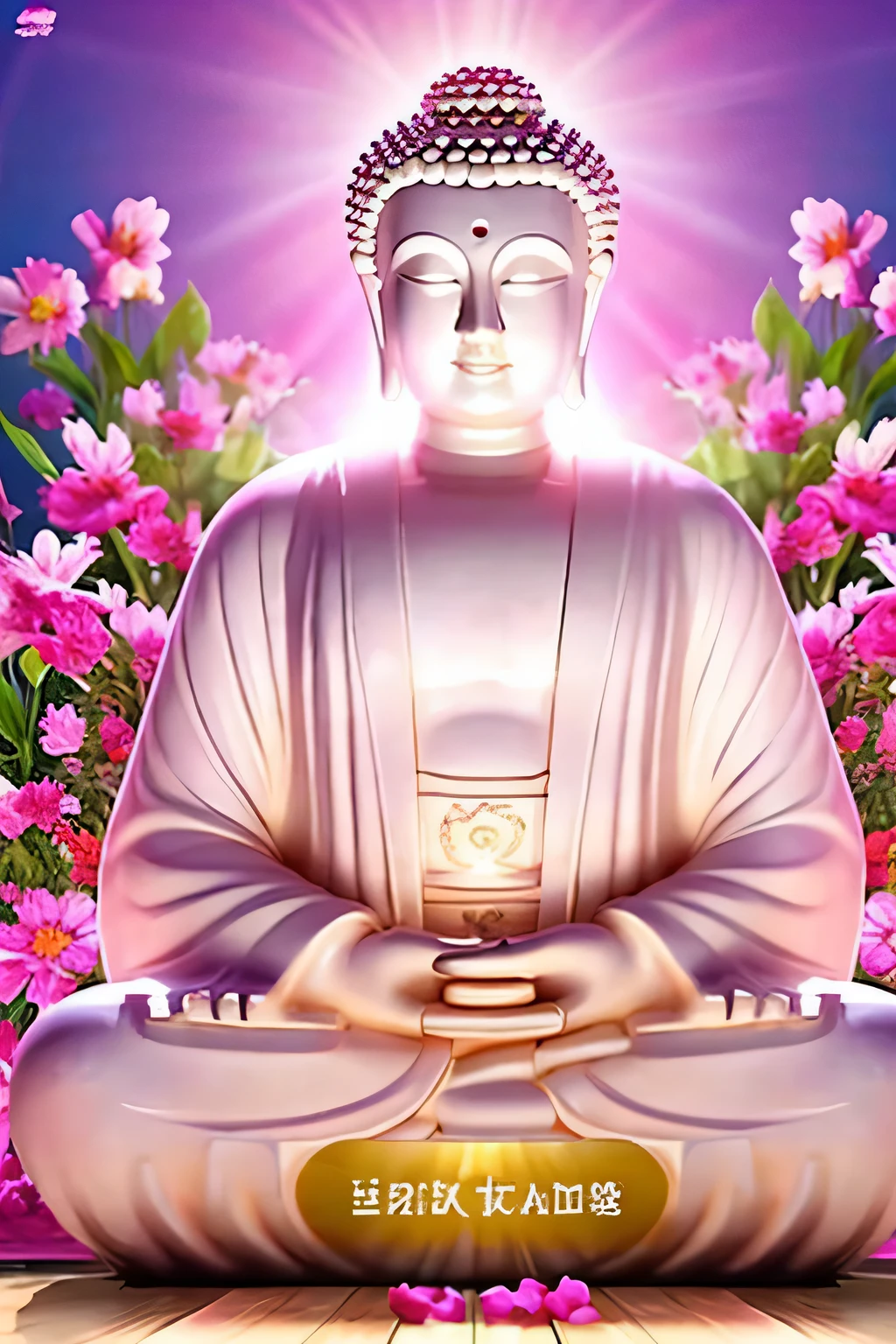 明るい背景のGreat Buddha像 Great Buddha solo front looking here halo is shining upper body only body is 70 on screen%Profession hold hands Like a photograph The background is full of flowers The background color is pink wonderful background