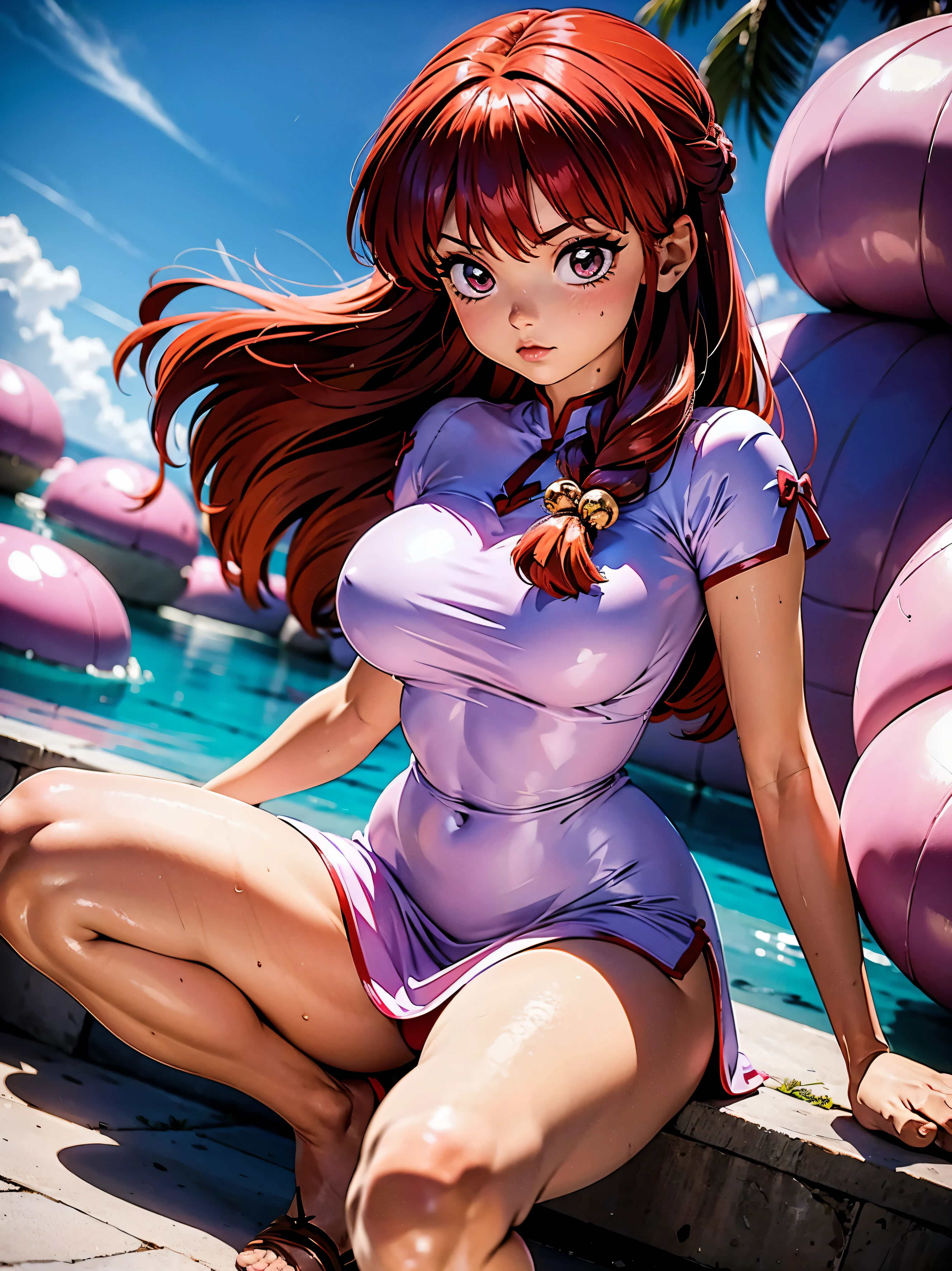 2 garotas anime 18 anos e 8 snos, Garota anime ruiva 18 anos ao lado da filha de cabelo purple de 8 anos, vestido pink, corpo bonito, Garotas bonitas, mother with red hair and red braid, beautiful lighting, sombras suaves, olhos azuis, pernas bonitas, estilo anime, Ranma Chan, Autora Rumiko Takahashi, Baseado em obra de Rumiko Takahashi, Anime Ranma 1/ 2, corpo inteiro, busto grande, garotas jovems com corpo belo e bonito, sandals on his feet, garota 18 anos e outra garota com 8 anos, jovems baixa estatura, usando vestido pink, garotas anime, estilo anime, beautiful feet in sandals, 45° viewing angle, ao ar livre, red hair braid, grande , peito grande, seios bonitos, filha de 8 anos ao lado, filha com cabelo purple, garota de 8 anos com cabelo purple