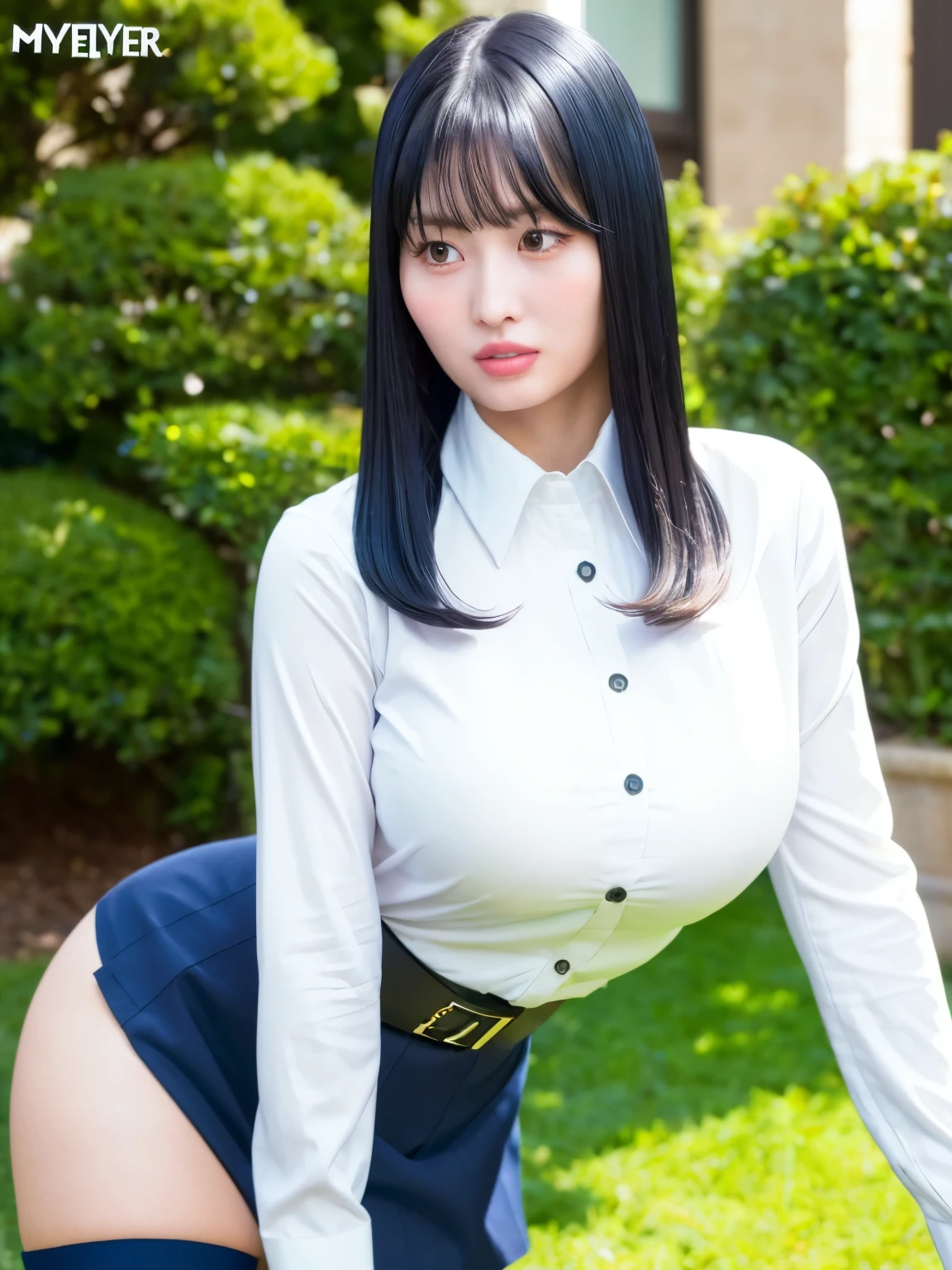 (((a picture of Momo))), (white button shirt), (short navy blue skirt), (black thigh high stockings), (detailed lighting, extremely detailed skin, extremely detailed hair, shadows, 8k), looking at viewer, (High Key Lighting), masterpiece, top quality, best quality, official art, unity 8k wallpaper, higher, ultra-high res, ultra-detailed, beautiful and aesthetic, (((very large breasts))), bigger breasts, very tight shirt, button starching fabric to it limit , very detailed face