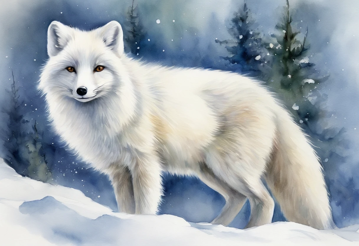 arctic fox/arctic fox/arctic fox(masterpiece, best quality, super detailed, lifelike), Deep in the snow-covered forest.white arctic fox.Double contact, close up.no humans.Northern lights rendering
