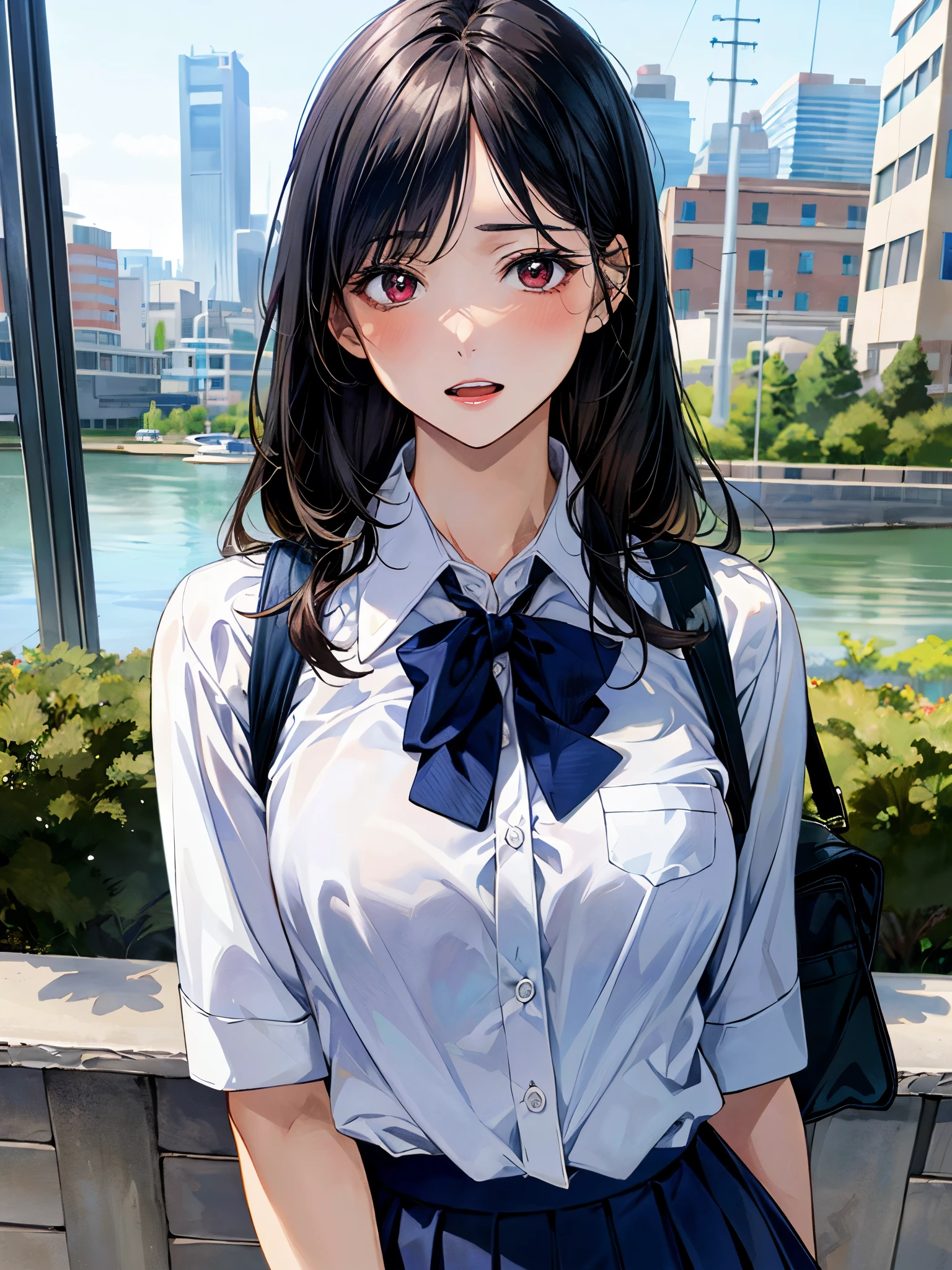 (masterpiece:1.2, top-quality), (realistic, photorealistic:1.4), beautiful illustration, (natural side lighting, movie lighting),
looking at viewer, (face focus, upper body), 1 girl, japanese, high school girl, perfect face, (perfect anatomy), cute and symmetrical face, shiny skin,
(middle hair, straight hair, black hair), asymmetrical bangs, dark red eyes, long eye lasher, (medium breasts, seductive thighs, big ass),
beautiful hair, beautiful face, beautiful detailed eyes, beautiful clavicle, beautiful body, beautiful chest, beautiful thigh, beautiful legs,
((insanely detailed clothes, white collared shirt, navy pleated skirt, dark red bow tie)), navy school bag,
(beautiful scenery), depth of field, evening, (riverside, cityscape in the distance), (uneasiness, half-open mouth),