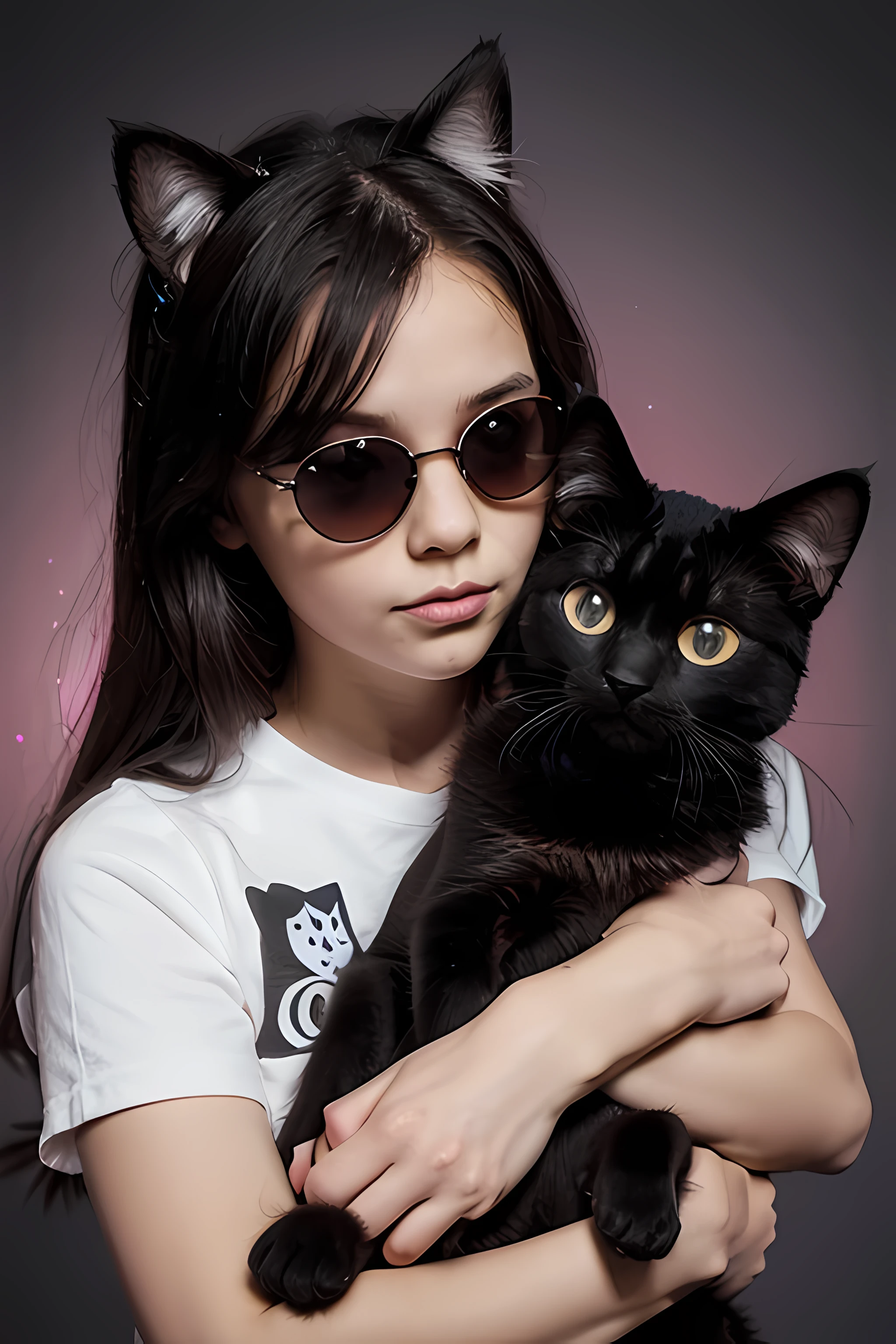 distance from view, vector for t-shirt design, kid girl with sunglasses with pet cat.
Happy preschool girl taking care and
cuddle fluffy pet. Cartoon vector illustration set of love and friendship between
baby owner and his puppy and kitty. in the style of ethereal light effects,
minimalistic portraits, dark black and pink, intense gaze, colorful installations,
portraits with soft lighting, bold lines, vivid colors -