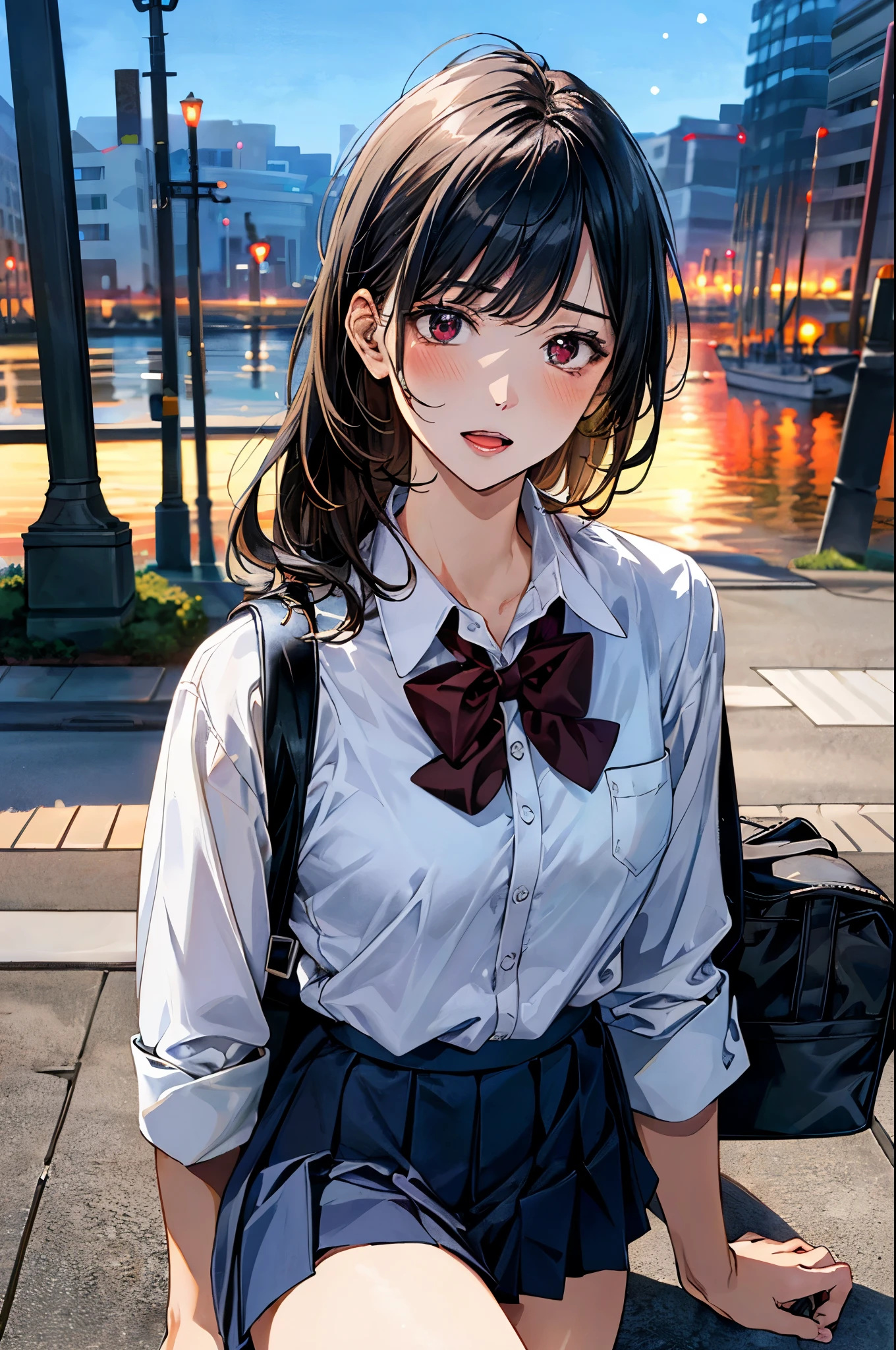 (masterpiece:1.2, top-quality), (realistic, photorealistic:1.4), beautiful illustration, (natural side lighting, movie lighting), 
looking at viewer, (face), 1 girl, japanese, high school girl, perfect face, (perfect anatomy), cute and symmetrical face, shiny skin, 
(middle hair, straight hair, black hair), asymmetrical bangs, dark red eyes, long eye lasher, (medium breasts, seductive thighs, big ass), 
beautiful hair, beautiful face, beautiful detailed eyes, beautiful clavicle, beautiful body, beautiful chest, beautiful thigh, beautiful legs, 
((insanely detailed clothes, white collared shirt, navy pleated skirt, dark red bow tie)), navy school bag, 
(beautiful scenery), depth of field, evening, (riverside, cityscape in the distance), (uneasiness, half-open mouth),