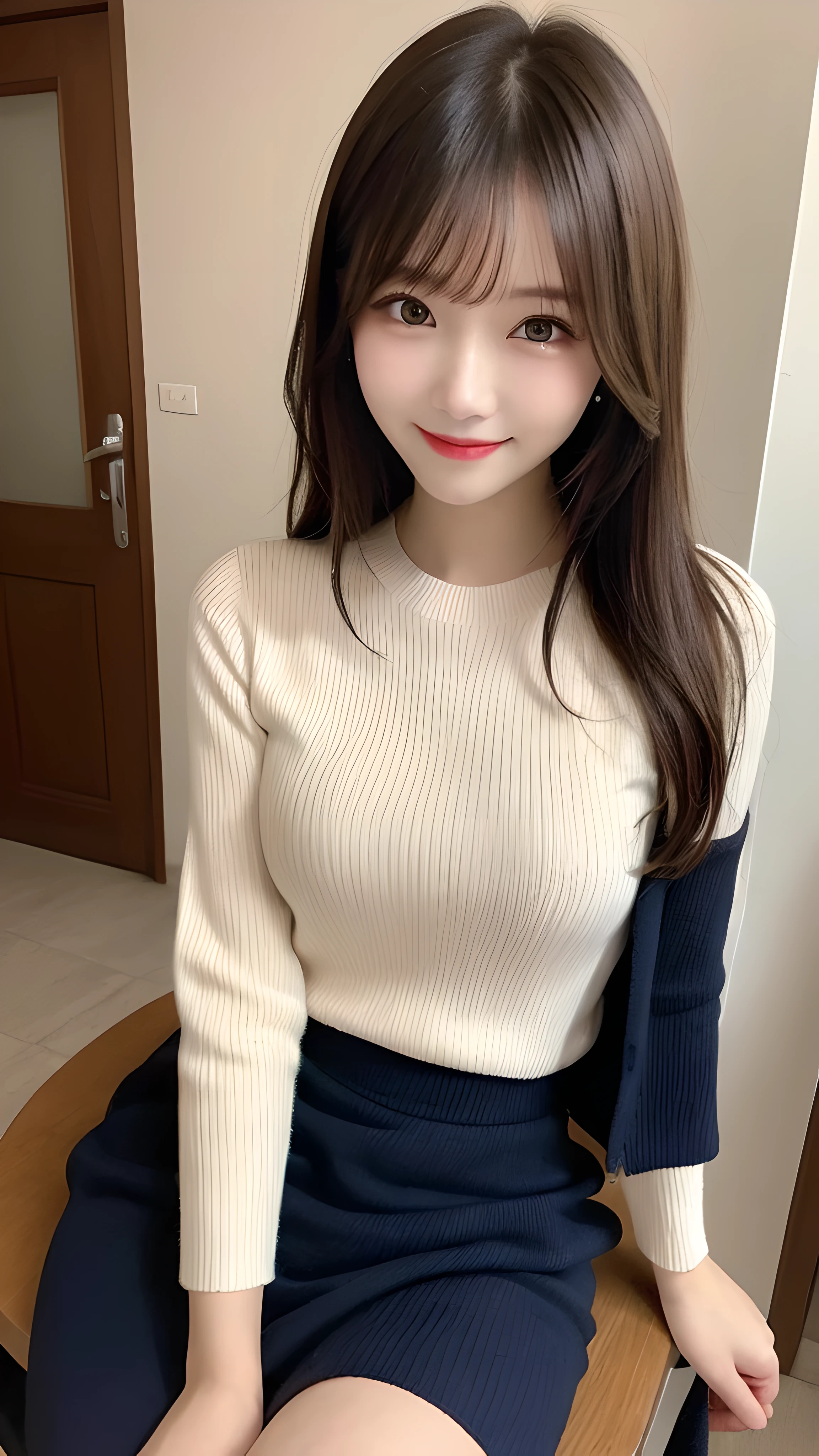 table top, highest quality, shape, Super detailed, finely, High resolution, 8k wallpaper, 完璧なダイナミックな構shape, finelyて美しい目, navy long sleeve knit dress,straight hair,small breasts natural color lip, random sexy pose,smile,Home、27 year old girl、cute、sexy shot looking at camera,perfect and beautiful face, 最高のsmile