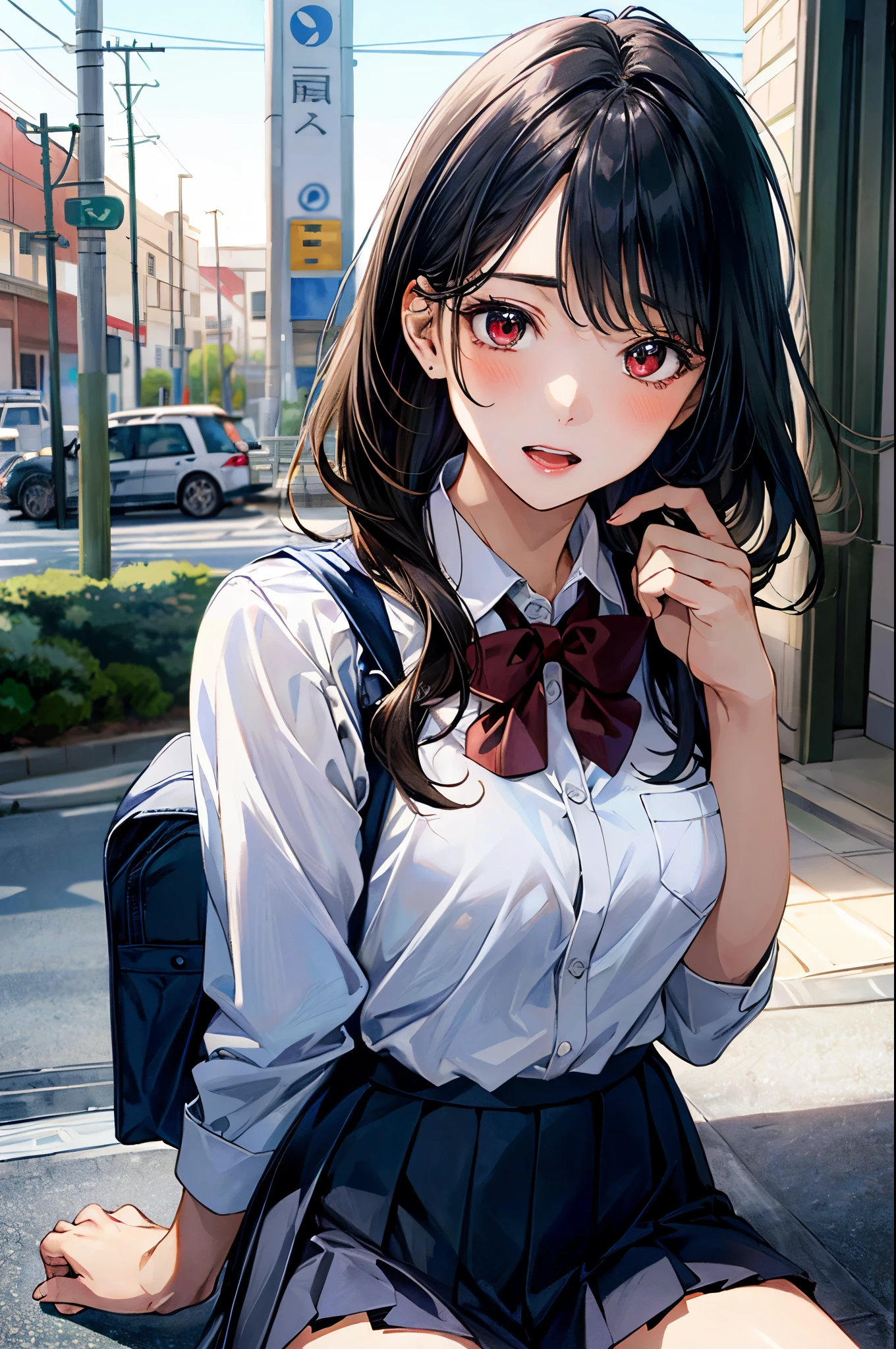 (masterpiece:1.2, top-quality), (realistic, photorealistic:1.4), beautiful illustration, (natural side lighting, movie lighting),
looking at viewer, (face), 1 girl, japanese, high school girl, perfect face, (perfect anatomy), cute and symmetrical face, shiny skin,
(middle hair, straight hair, black hair), asymmetrical bangs, dark red eyes, long eye lasher, (medium breasts, seductive thighs, big ass),
beautiful hair, beautiful face, beautiful detailed eyes, beautiful clavicle, beautiful body, beautiful chest, beautiful thigh, beautiful legs,
((insanely detailed clothes, white collared shirt, navy pleated skirt, dark red bow tie)), navy school bag,
(beautiful scenery), depth of field, evening, (riverside, cityscape in the distance), (uneasiness, half-open mouth),